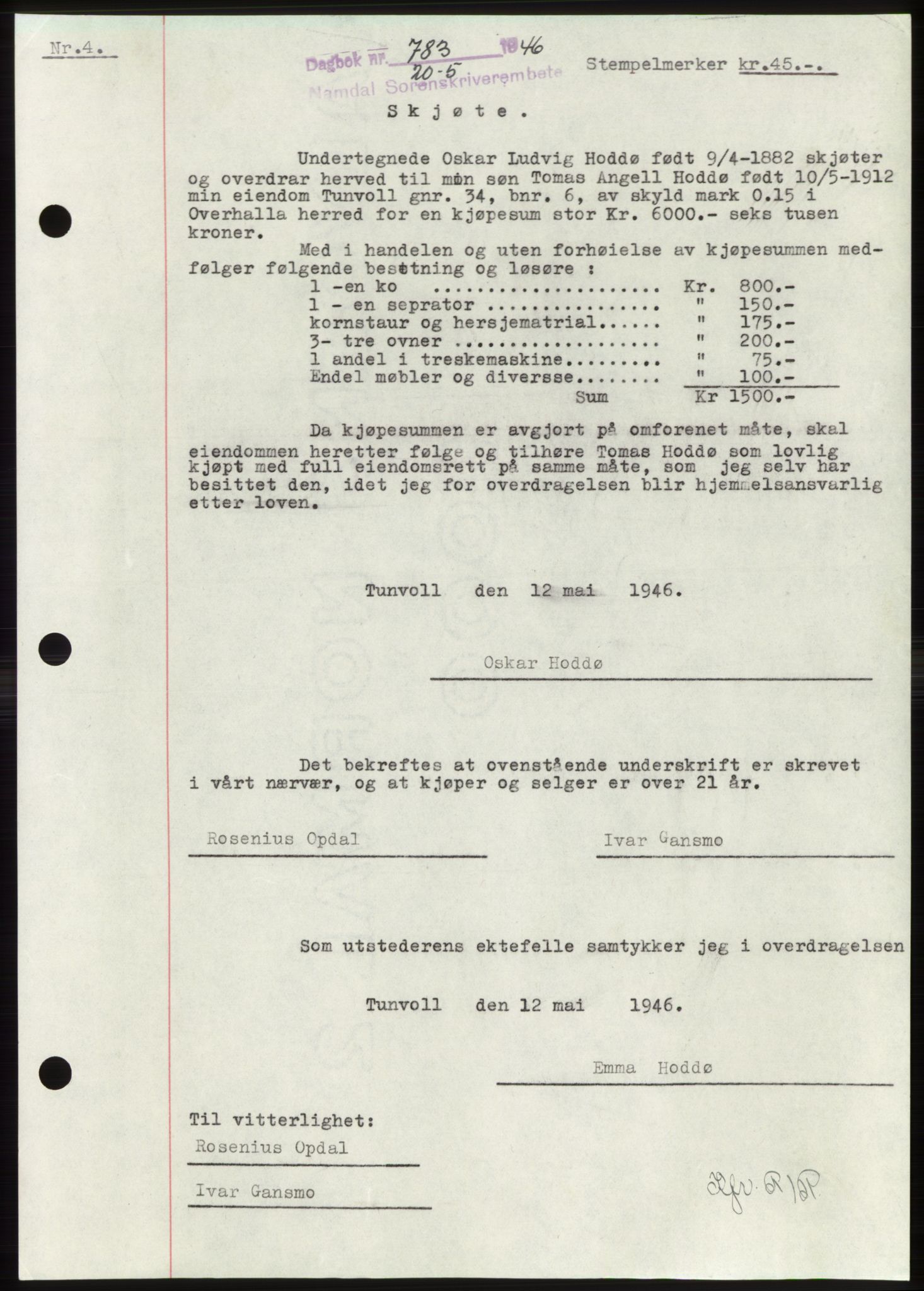 Namdal sorenskriveri, SAT/A-4133/1/2/2C: Pantebok nr. -, 1946-1946, Dagboknr: 783/1946