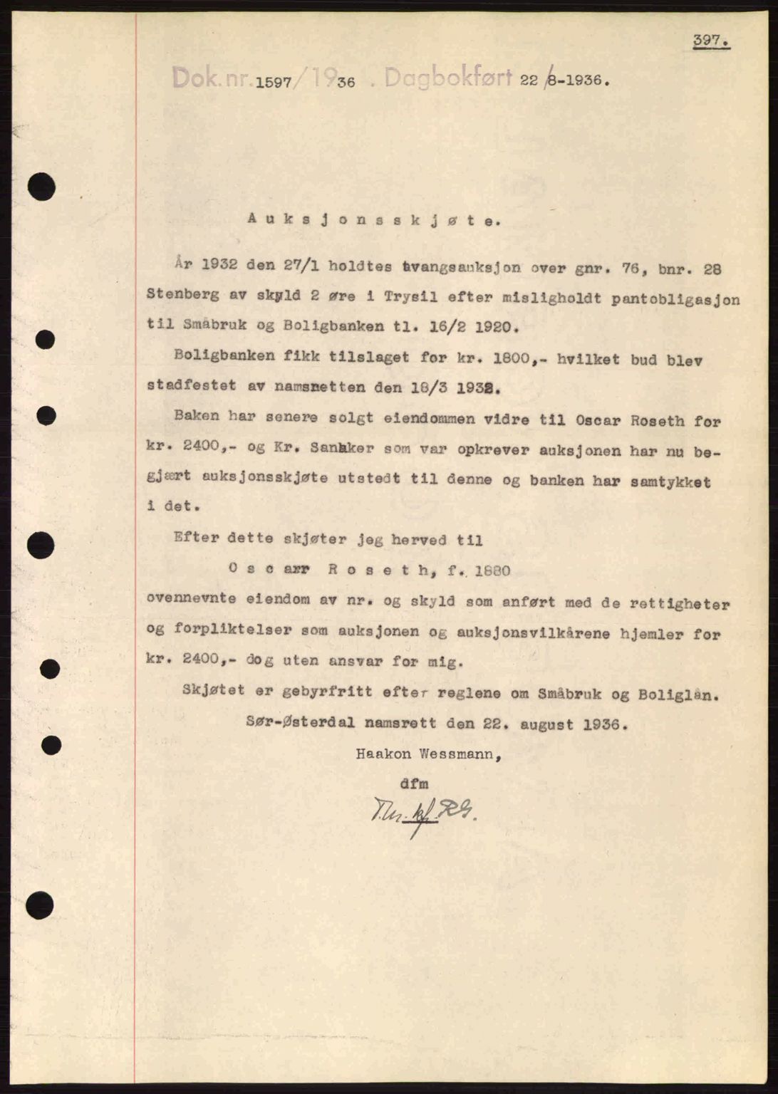 Sør-Østerdal sorenskriveri, SAH/TING-018/H/Hb/Hbb/L0054: Pantebok nr. A54, 1936-1936, Dagboknr: 1597/1936