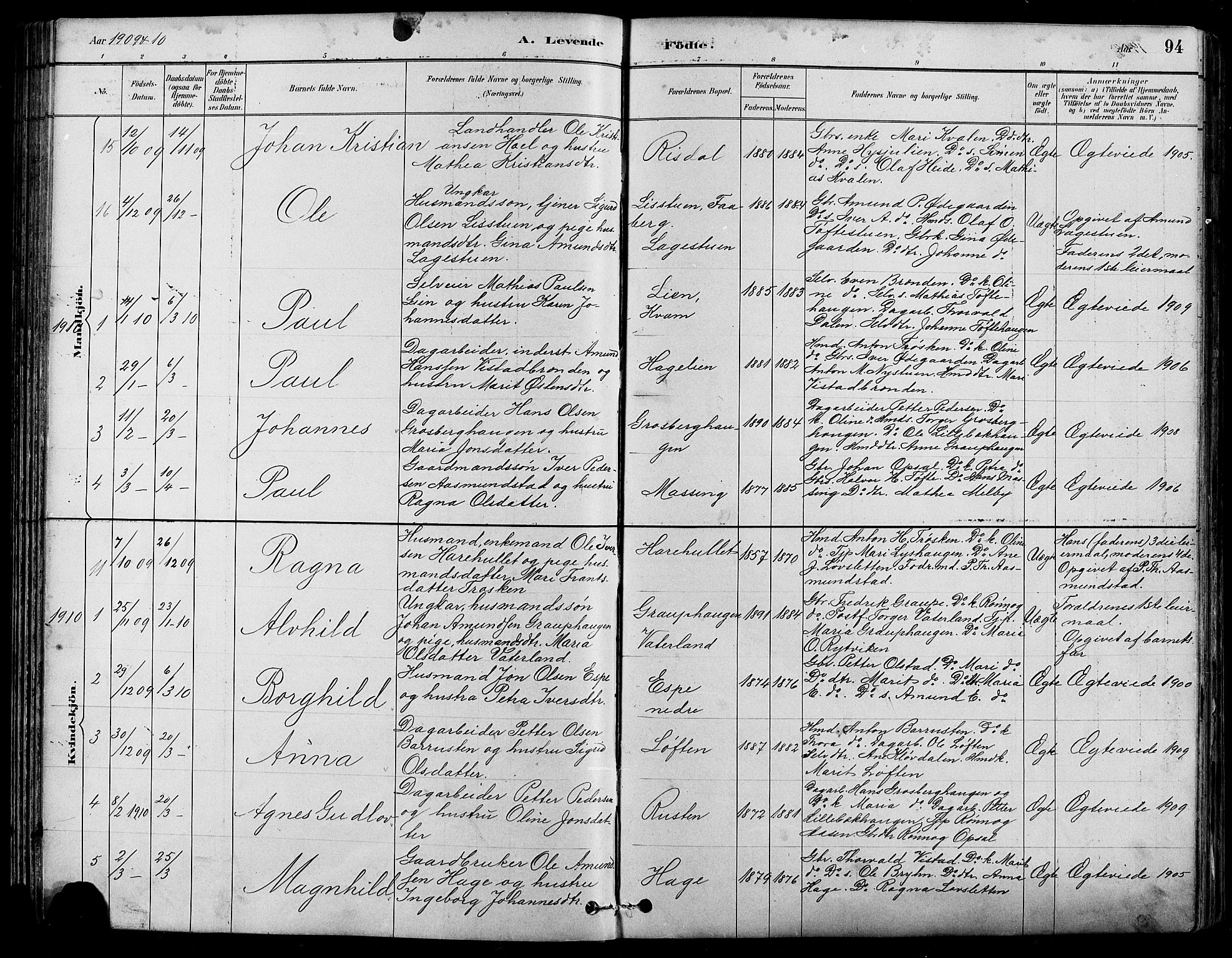 Nord-Fron prestekontor, AV/SAH-PREST-080/H/Ha/Hab/L0005: Klokkerbok nr. 5, 1884-1914, s. 94