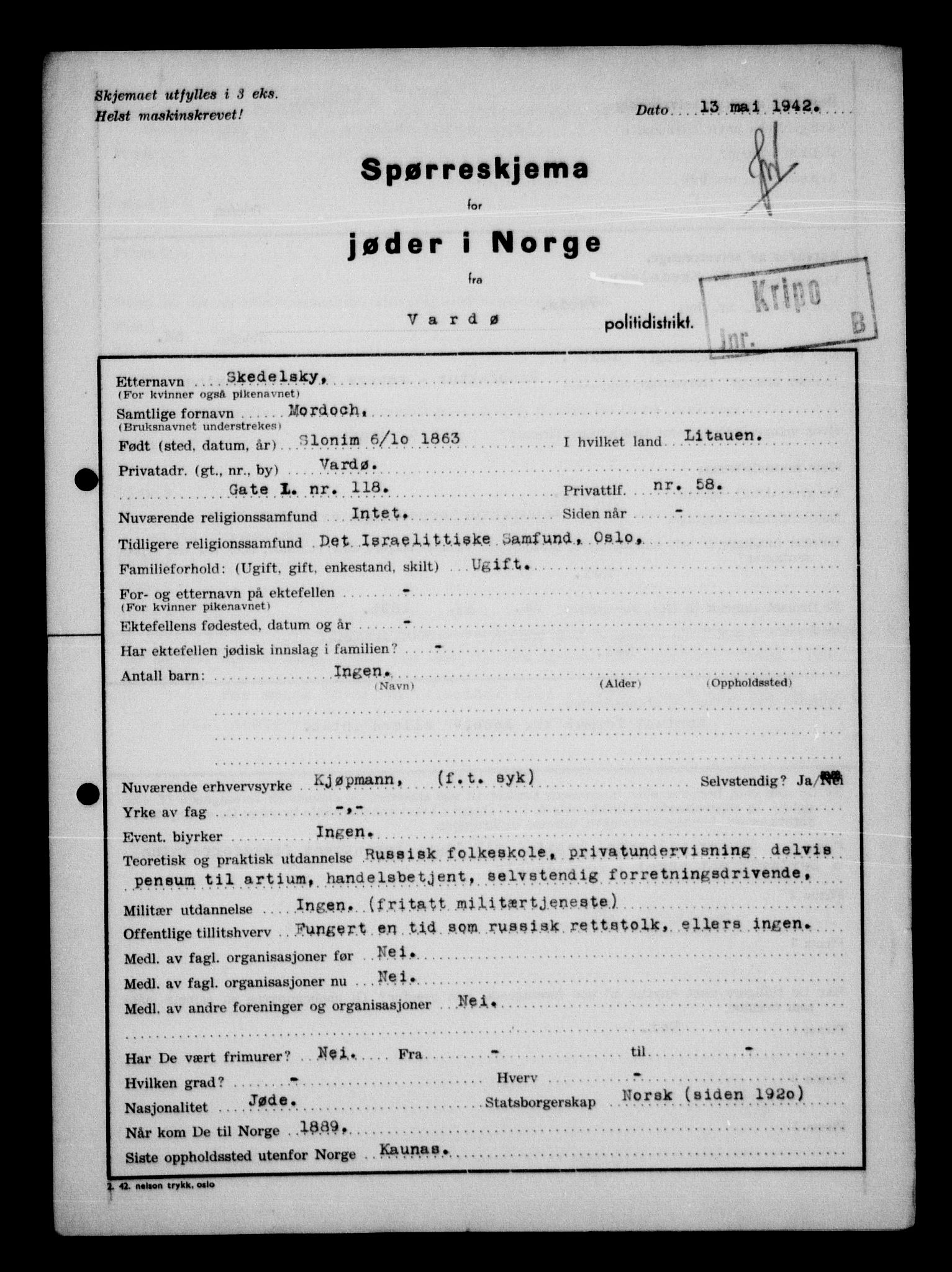 Statspolitiet - Hovedkontoret / Osloavdelingen, AV/RA-S-1329/G/Ga/L0013: Spørreskjema for jøder i Norge. 1: Sandefjord-Trondheim. 2: Tønsberg- Ålesund.  3: Skriv vedr. jøder A-H.  , 1942-1943, s. 668