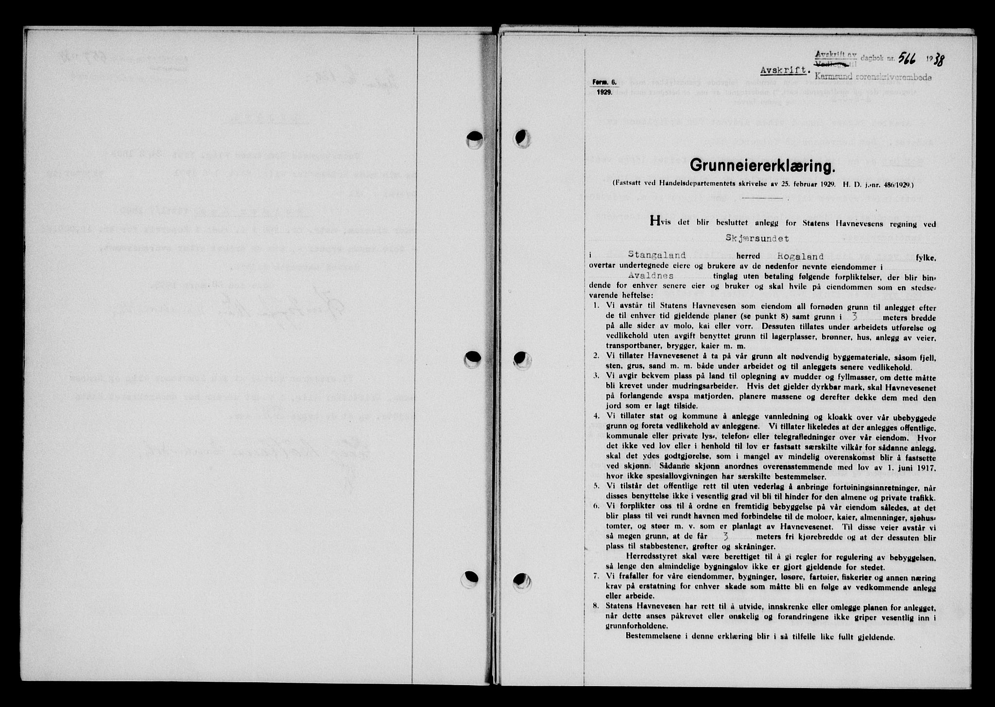 Karmsund sorenskriveri, SAST/A-100311/01/II/IIB/L0069: Pantebok nr. 50A, 1937-1938, Dagboknr: 566/1938