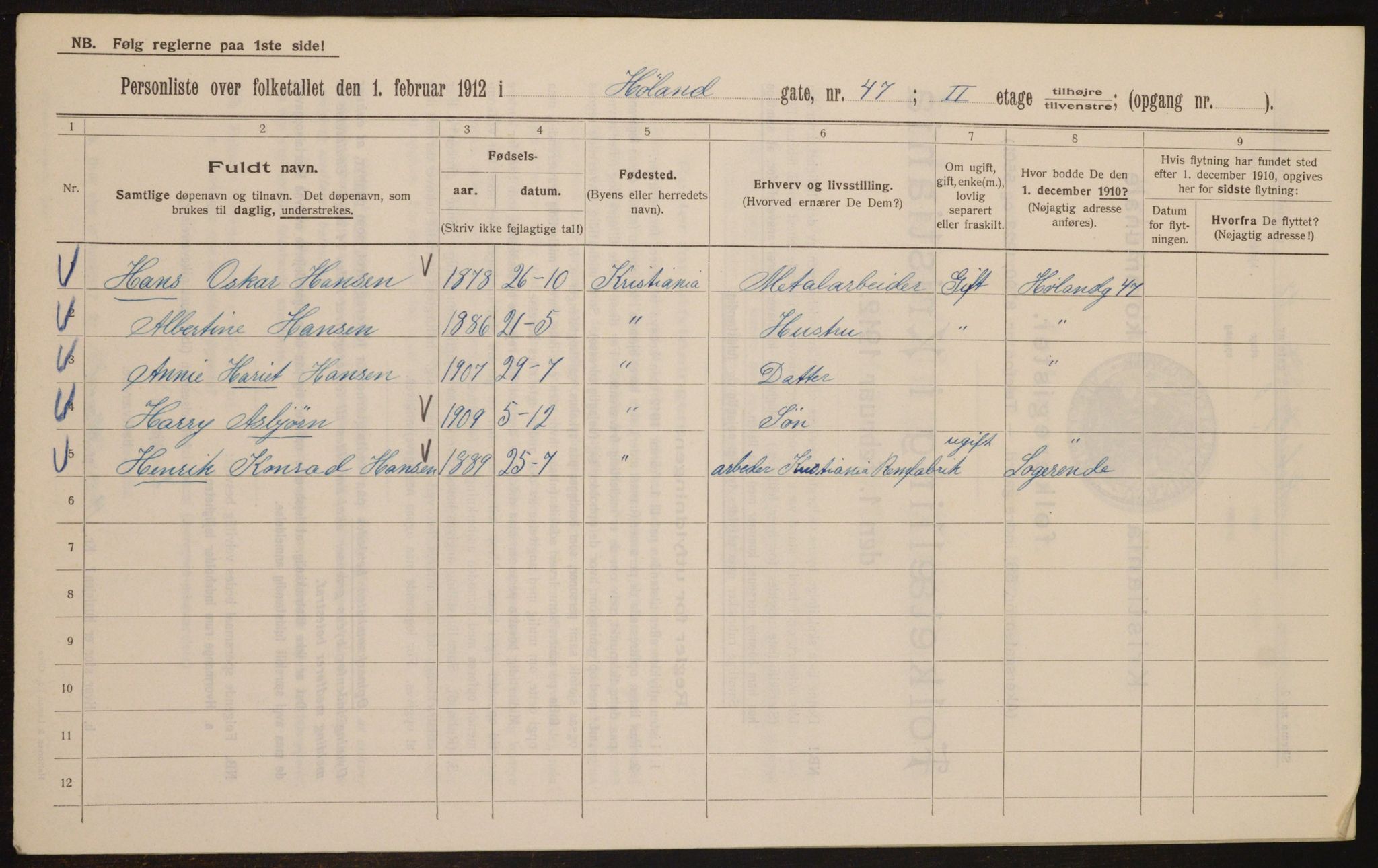 OBA, Kommunal folketelling 1.2.1912 for Kristiania, 1912, s. 43096