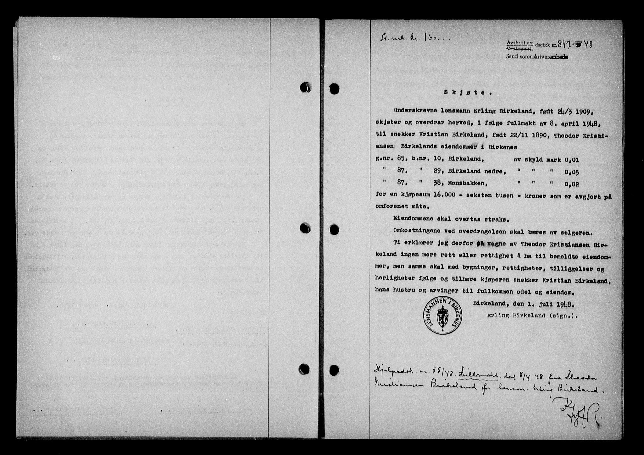 Vestre Nedenes/Sand sorenskriveri, SAK/1221-0010/G/Gb/Gba/L0057: Pantebok nr. A 10, 1947-1948, Dagboknr: 847/1948