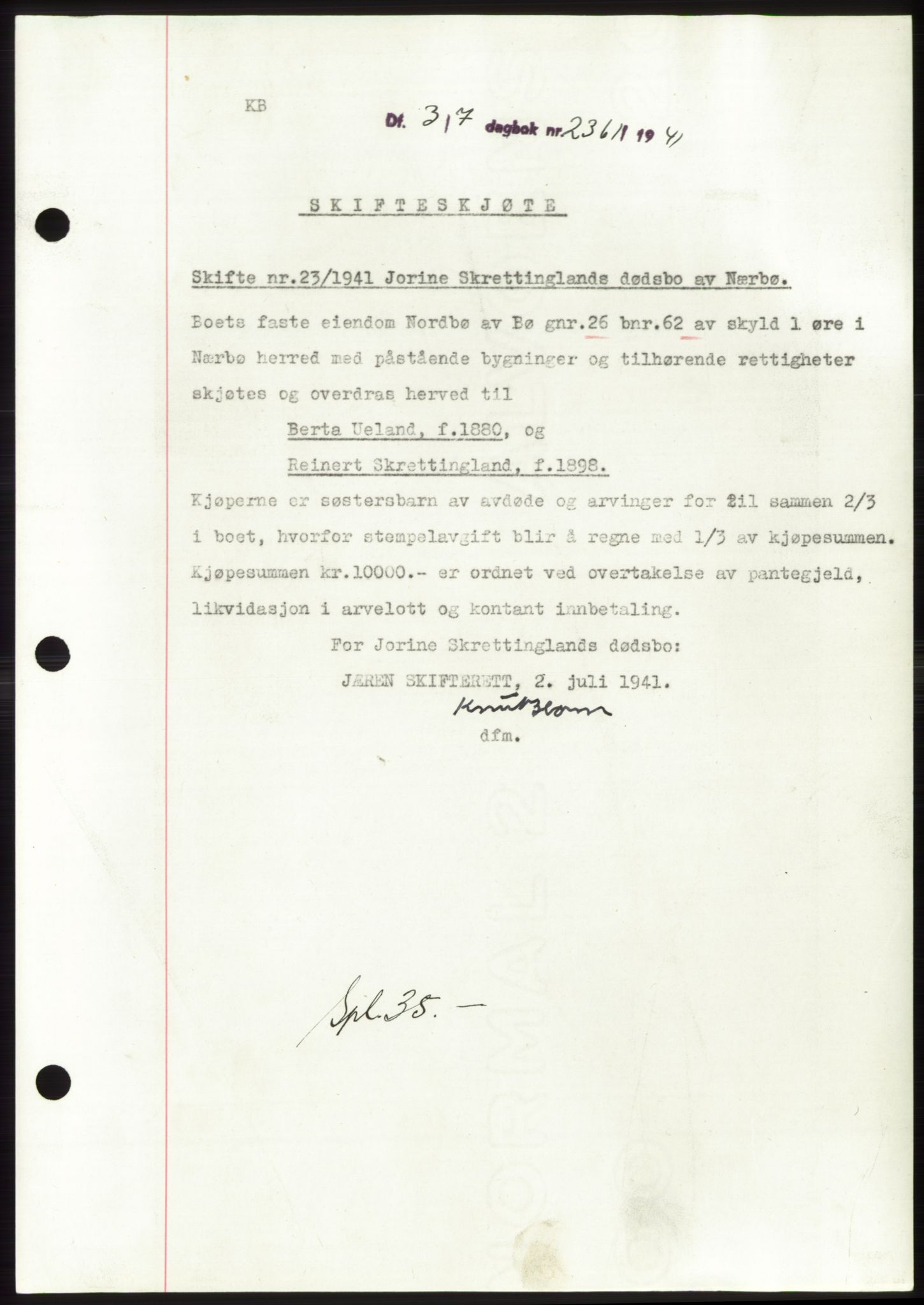 Jæren sorenskriveri, SAST/A-100310/03/G/Gba/L0080: Pantebok, 1941-1941, Dagboknr: 2361/1941