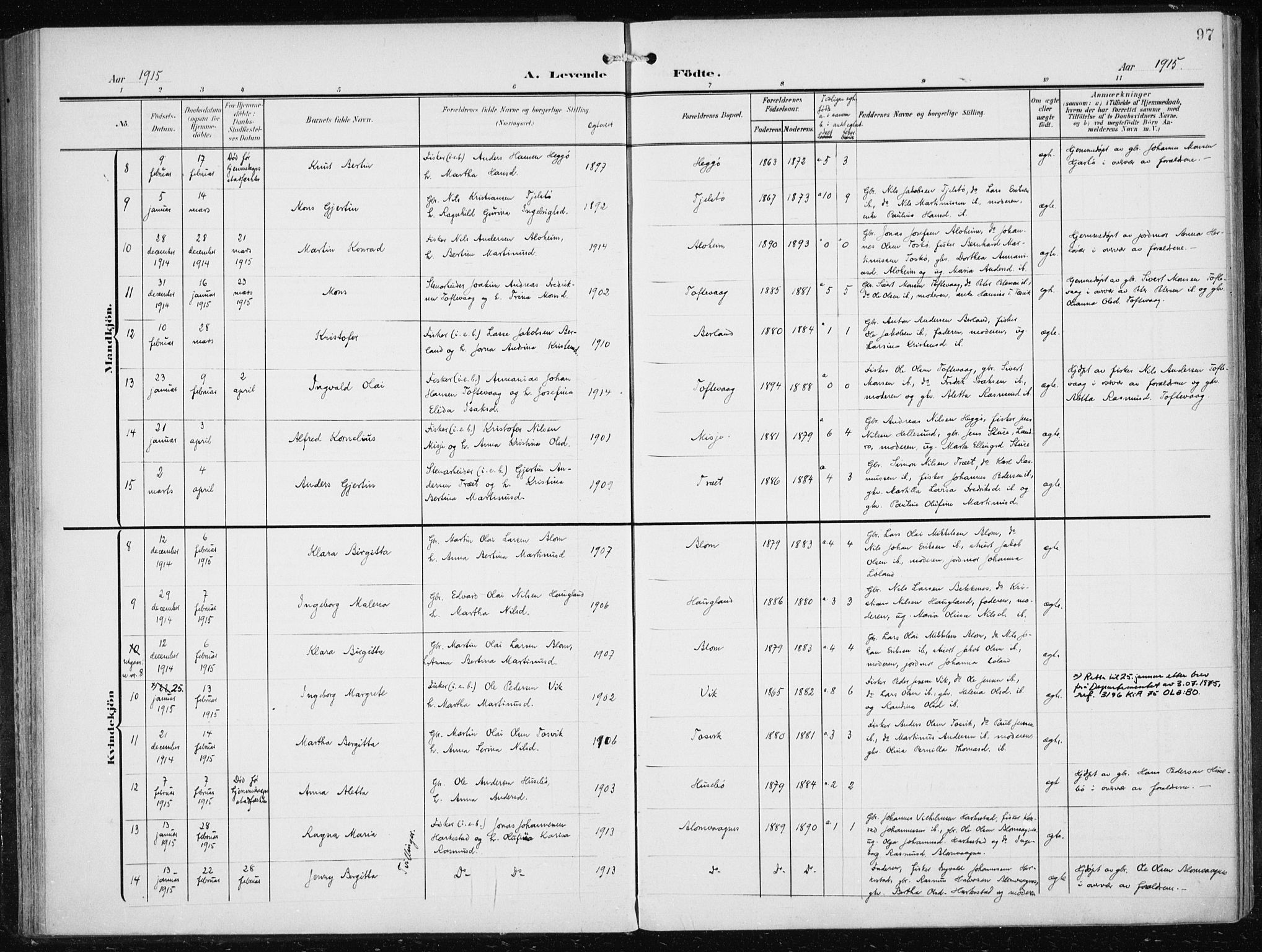 Herdla Sokneprestembete, AV/SAB-A-75701/H/Haa: Ministerialbok nr. A 5, 1905-1918, s. 97