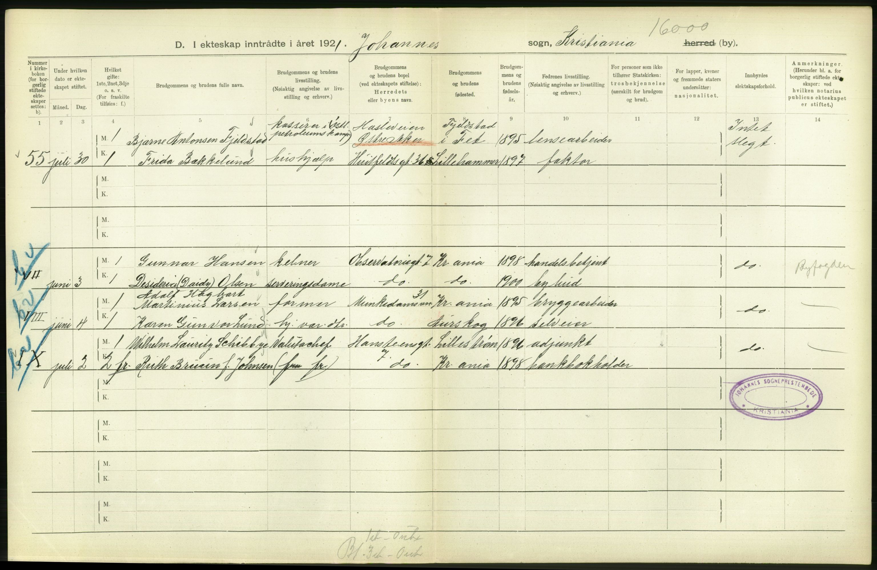 Statistisk sentralbyrå, Sosiodemografiske emner, Befolkning, RA/S-2228/D/Df/Dfc/Dfca/L0011: Kristiania: Gifte, 1921, s. 90