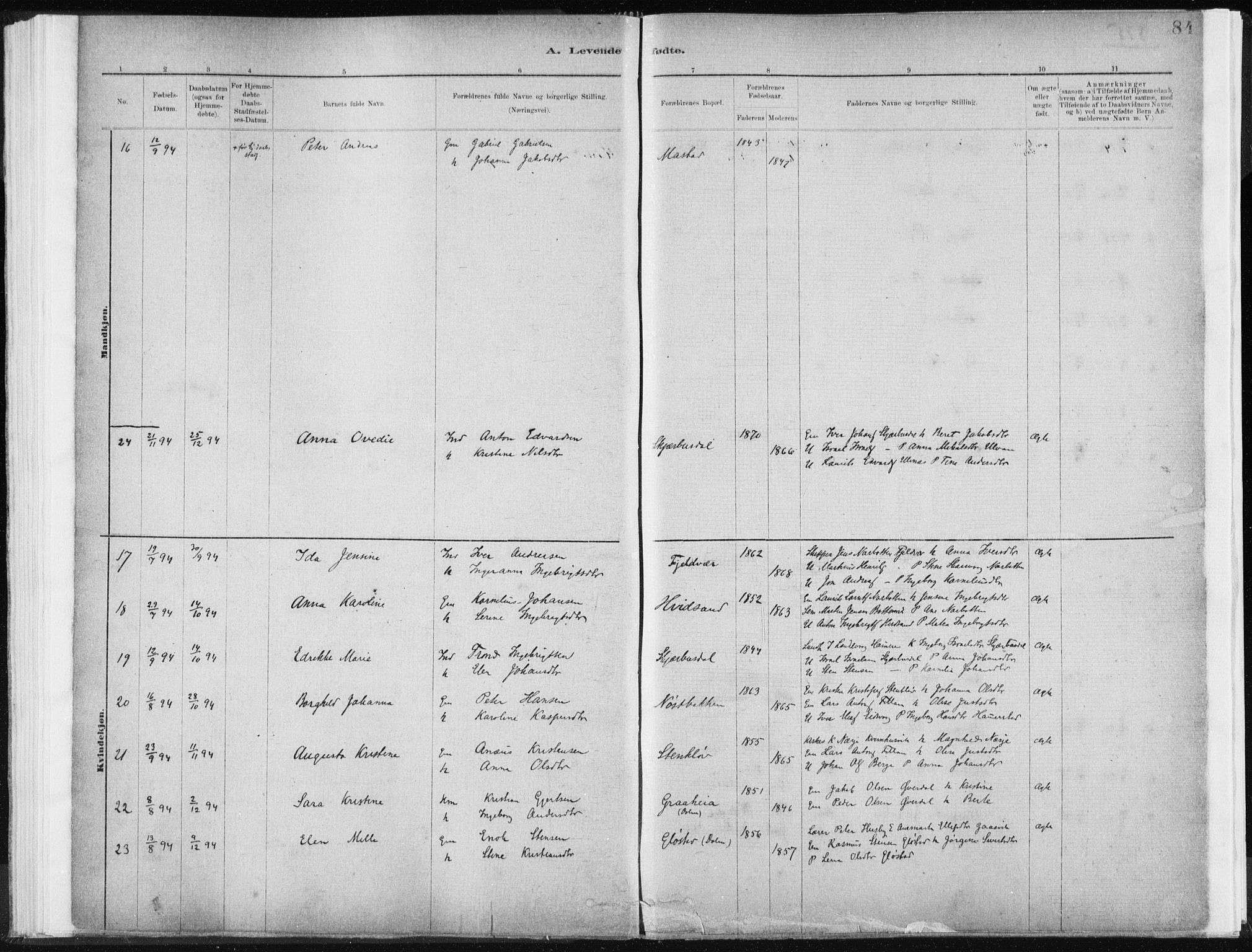 Ministerialprotokoller, klokkerbøker og fødselsregistre - Sør-Trøndelag, AV/SAT-A-1456/637/L0558: Ministerialbok nr. 637A01, 1882-1899, s. 84