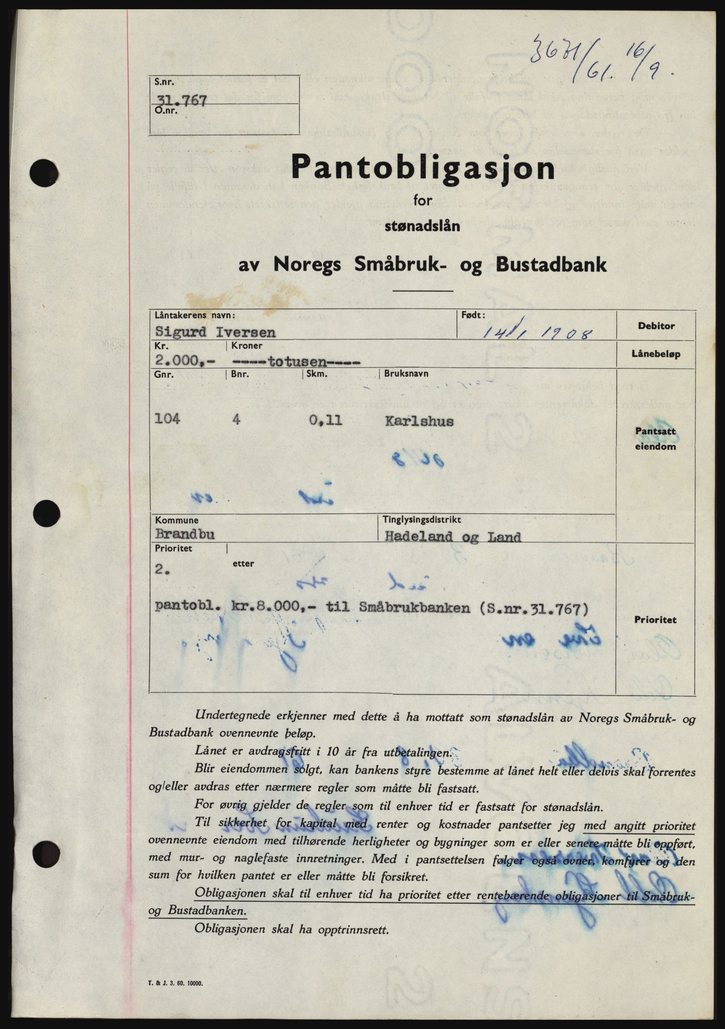 Hadeland og Land tingrett, SAH/TING-010/H/Hb/Hbc/L0046: Pantebok nr. B46, 1961-1961, Dagboknr: 3671/1961