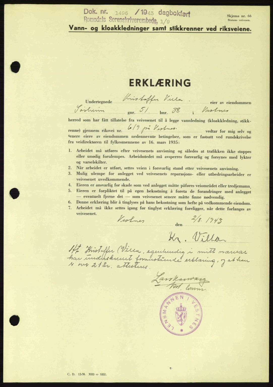 Romsdal sorenskriveri, SAT/A-4149/1/2/2C: Pantebok nr. B2, 1939-1945, Dagboknr: 1496/1943