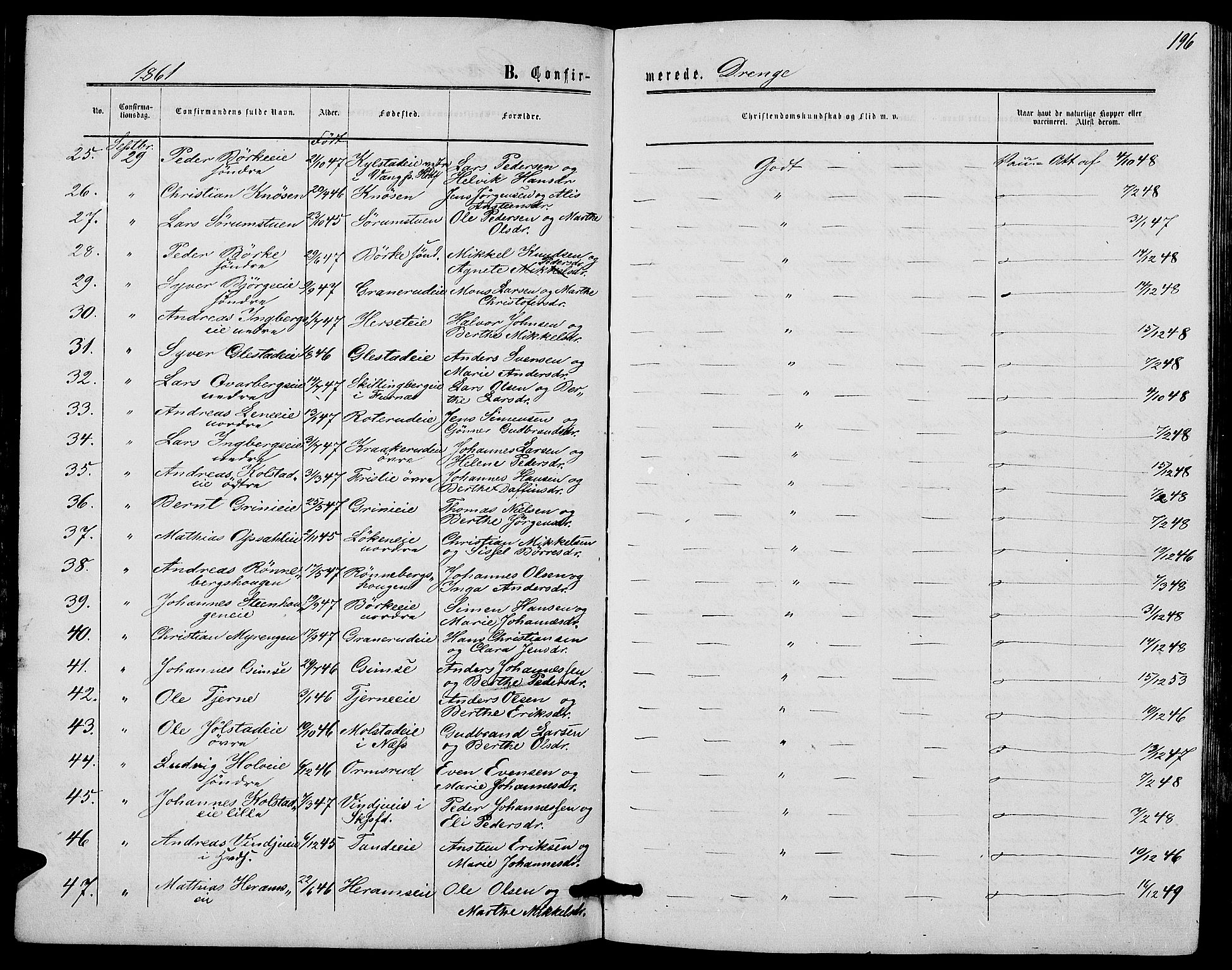 Ringsaker prestekontor, AV/SAH-PREST-014/L/La/L0007: Klokkerbok nr. 7, 1861-1869, s. 196