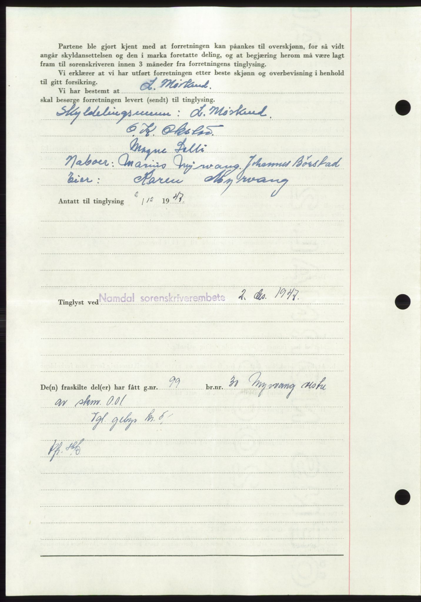 Namdal sorenskriveri, SAT/A-4133/1/2/2C: Pantebok nr. -, 1947-1948, Dagboknr: 2652/1947