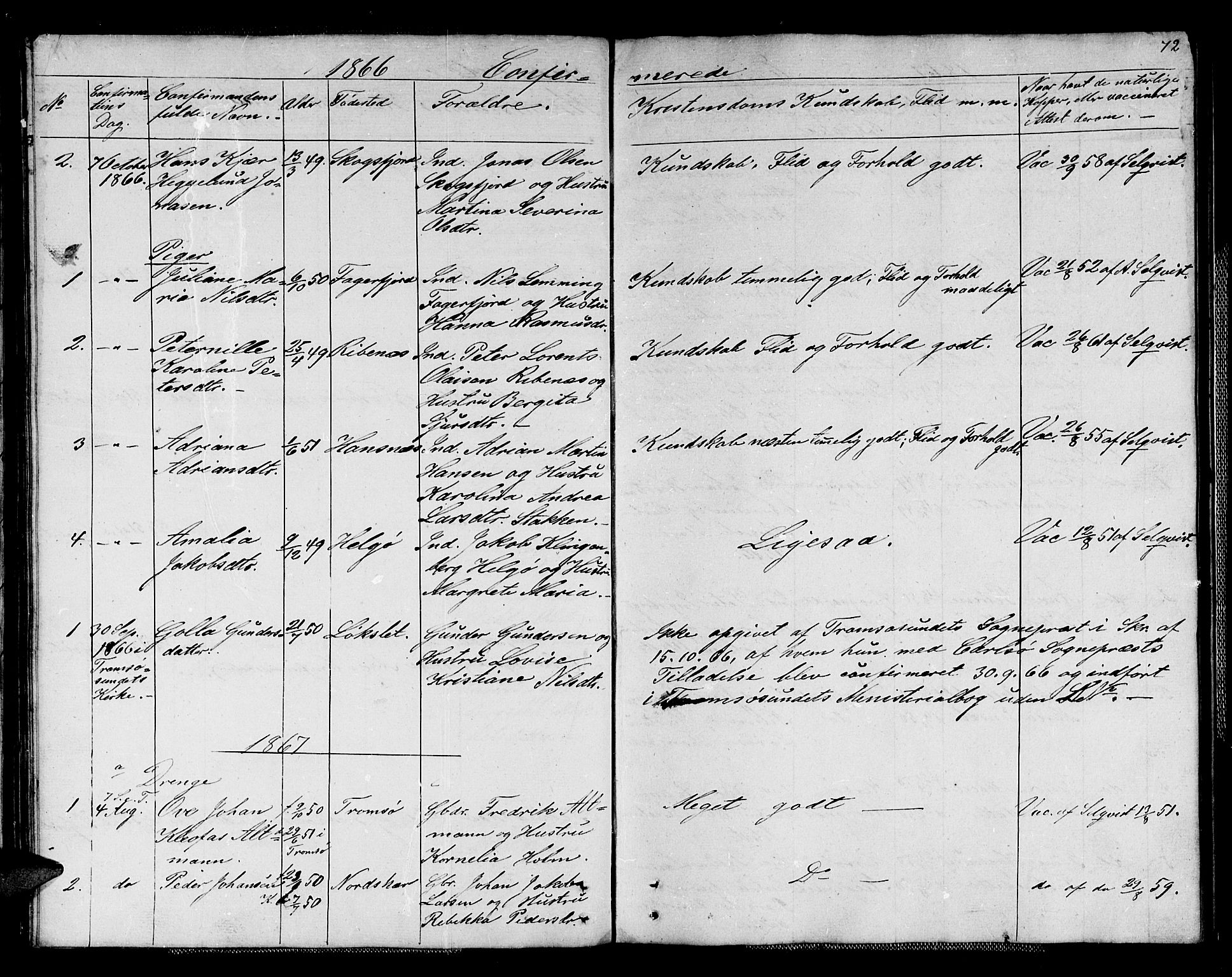Karlsøy sokneprestembete, AV/SATØ-S-1299/H/Ha/Hab/L0004klokker: Klokkerbok nr. 4, 1845-1870, s. 72