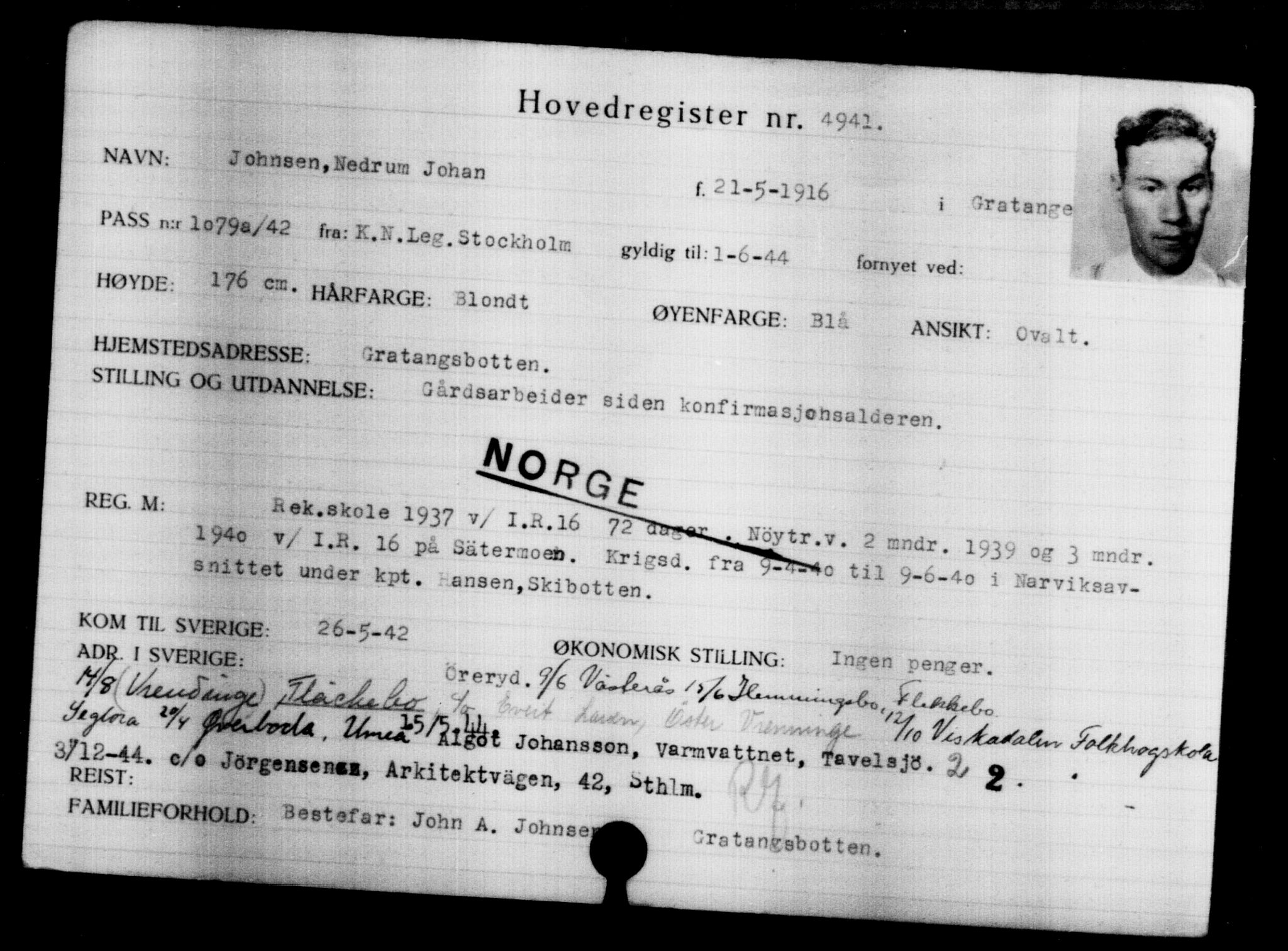 Utenriksstasjonene, Legasjonen i Stockholm, Flyktningkontoret, AV/RA-S-6753/V/Va/L0004: Kjesäterkartoteket, flyktninger med registreringsnr. 3496-6610, 1940-1945, s. 1714