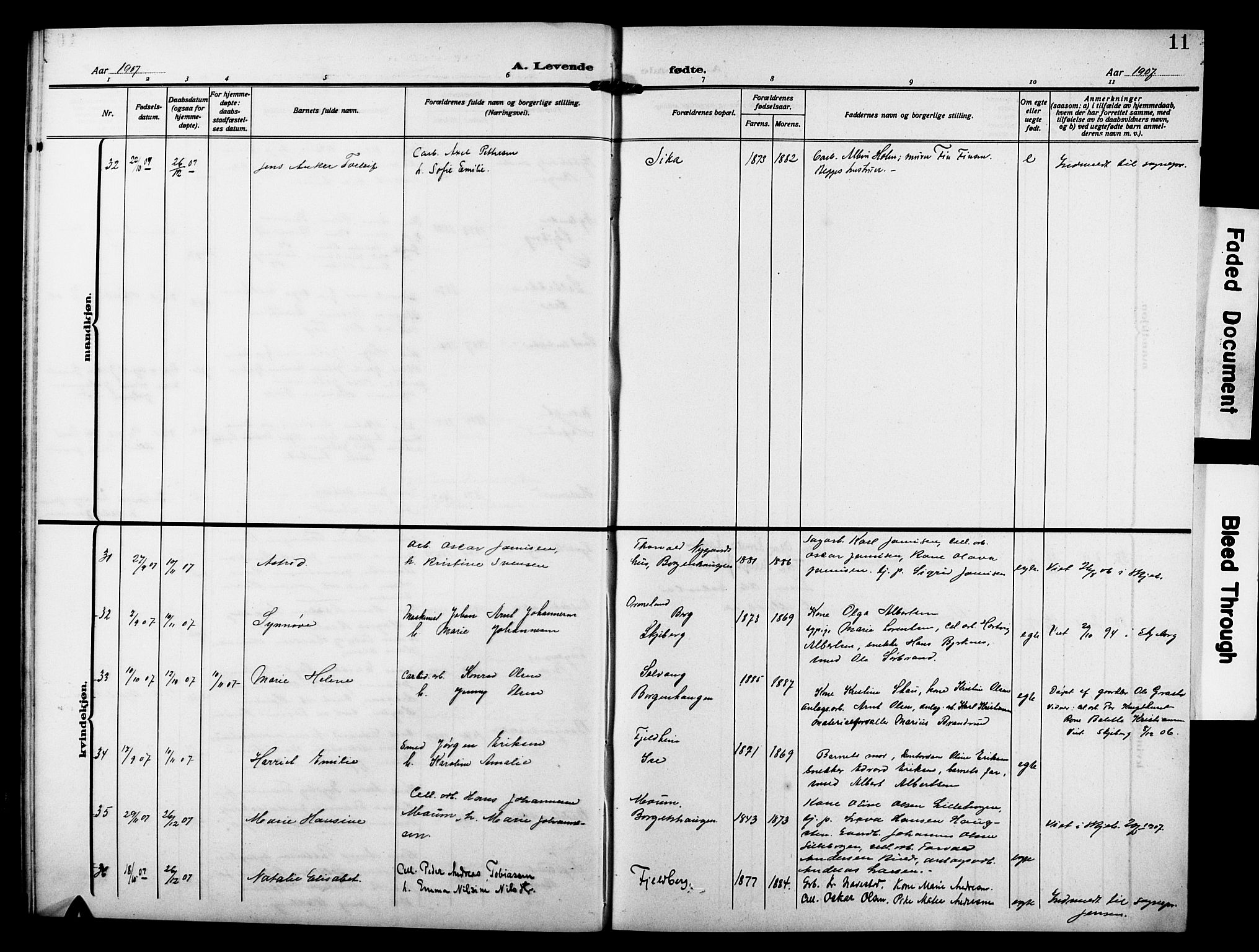 Skjeberg prestekontor Kirkebøker, AV/SAO-A-10923/G/Gd/L0001: Klokkerbok nr. IV 1, 1907-1917, s. 11