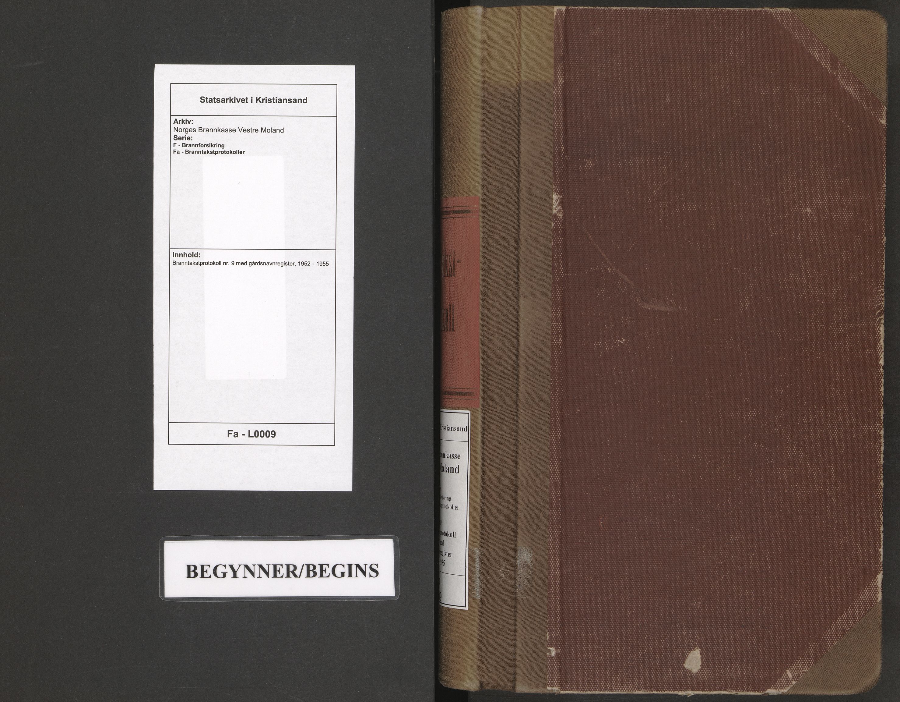 Norges Brannkasse Vestre Moland, AV/SAK-2241-0056/F/Fa/L0009: Branntakstprotokoll nr. 9 med gårdsnavnregister, 1952-1955