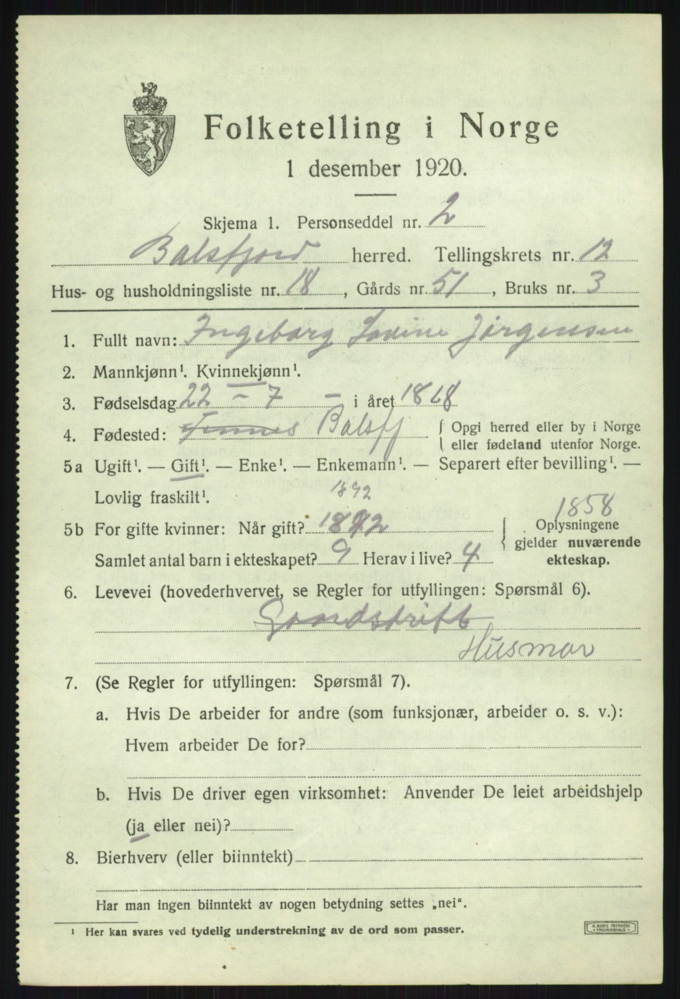 SATØ, Folketelling 1920 for 1933 Balsfjord herred, 1920, s. 7465