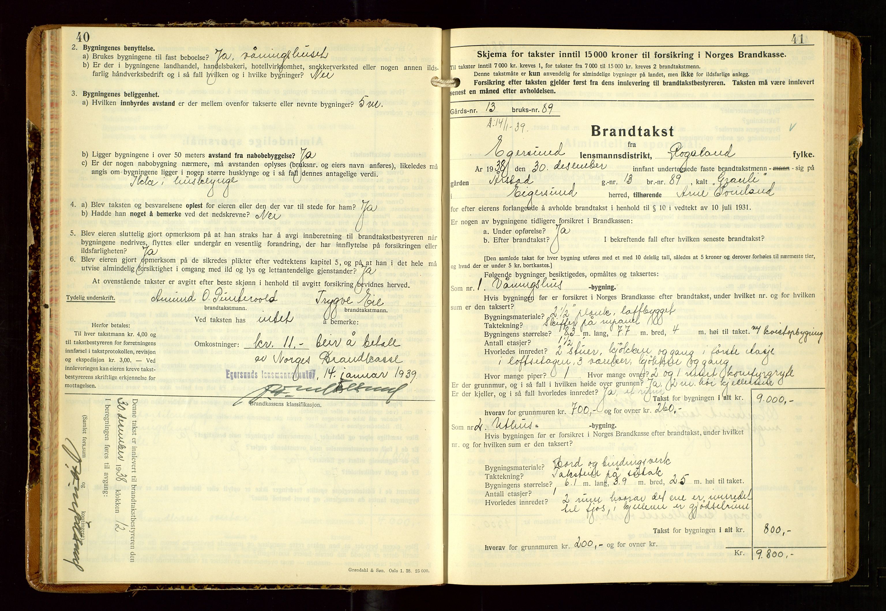 Eigersund lensmannskontor, SAST/A-100171/Gob/L0007: "Brandtakstprotokoll", 1938-1955, s. 40-41