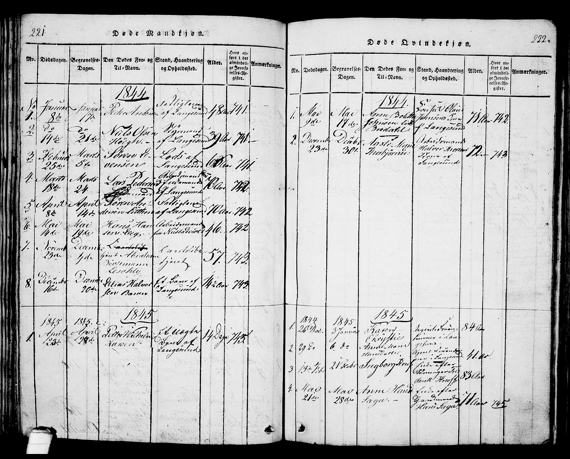 Langesund kirkebøker, AV/SAKO-A-280/G/Ga/L0003: Klokkerbok nr. 3, 1815-1858, s. 221-222