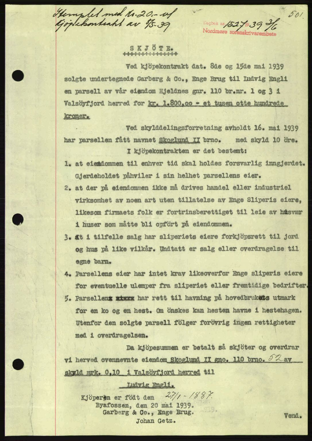Nordmøre sorenskriveri, SAT/A-4132/1/2/2Ca: Pantebok nr. A86, 1939-1939, Dagboknr: 1527/1939