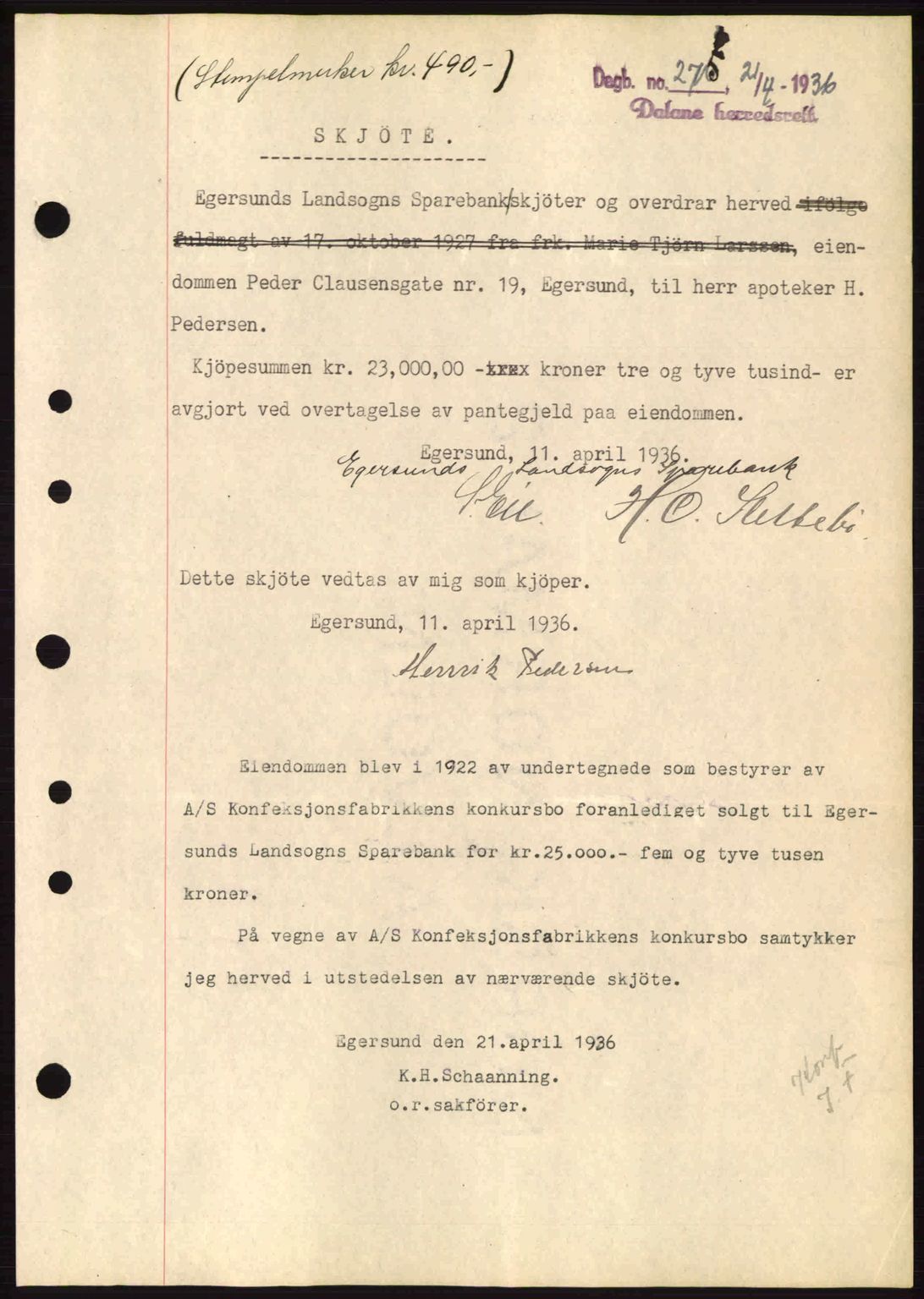 Dalane sorenskriveri, SAST/A-100309/02/G/Gb/L0040: Pantebok nr. A1, 1936-1936, Dagboknr: 275/1936