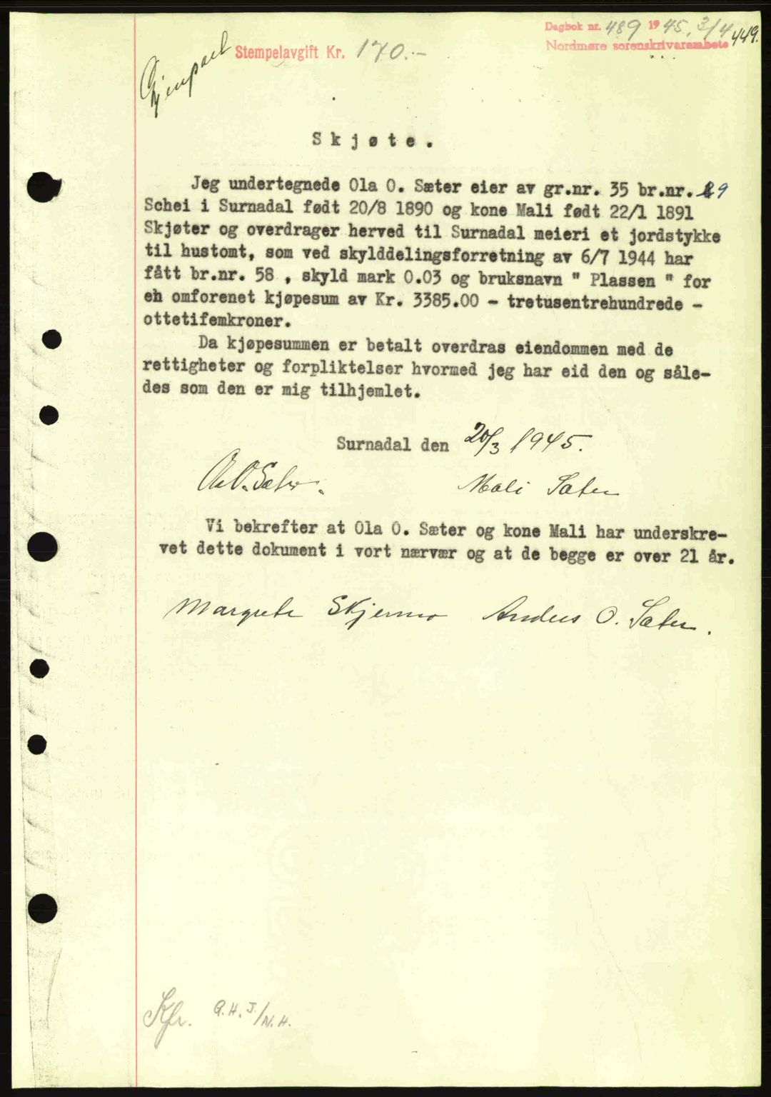 Nordmøre sorenskriveri, SAT/A-4132/1/2/2Ca: Pantebok nr. A99, 1945-1945, Dagboknr: 489/1945