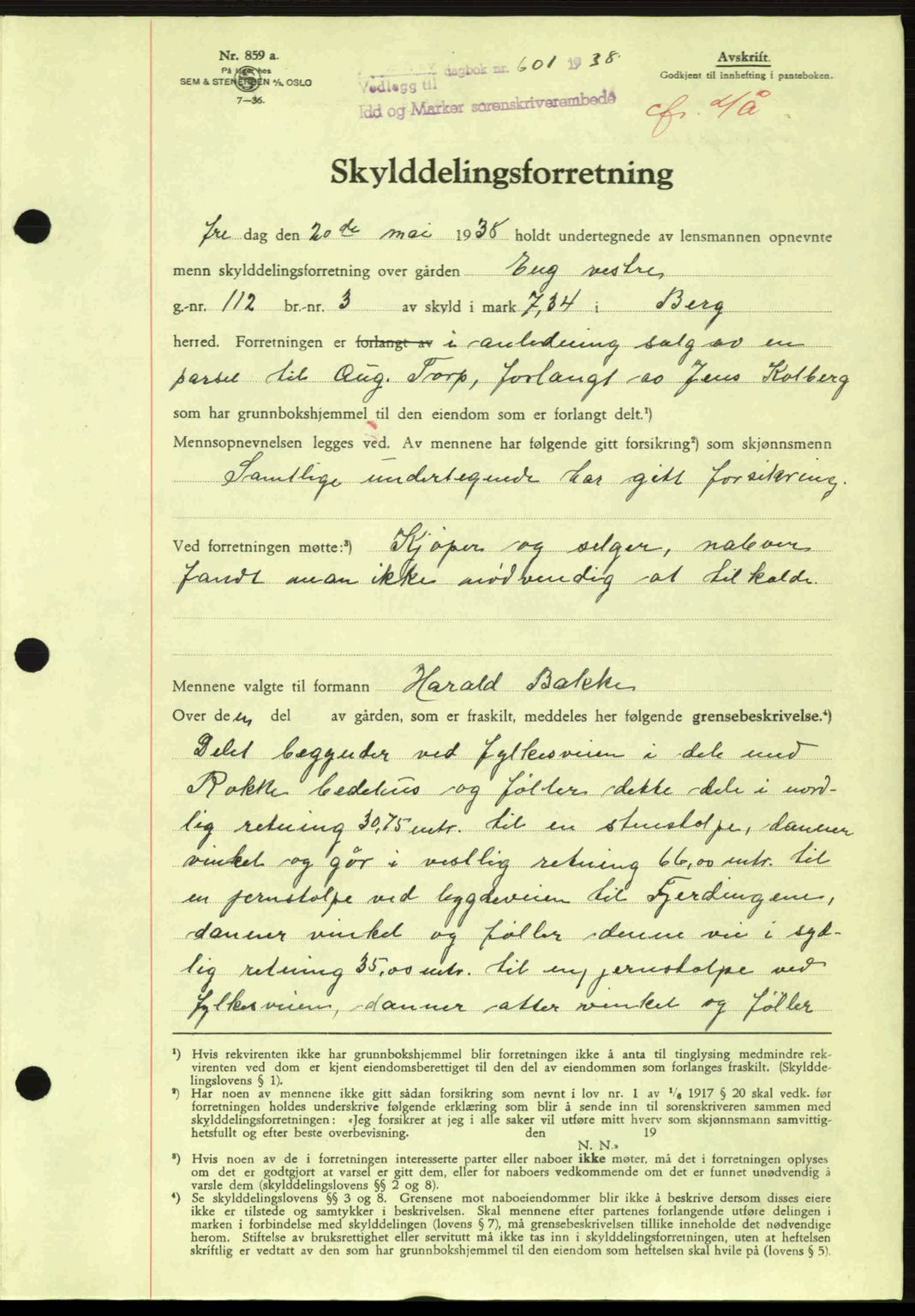 Idd og Marker sorenskriveri, AV/SAO-A-10283/G/Gb/Gbb/L0002: Pantebok nr. A2, 1937-1938, Dagboknr: 601/1938