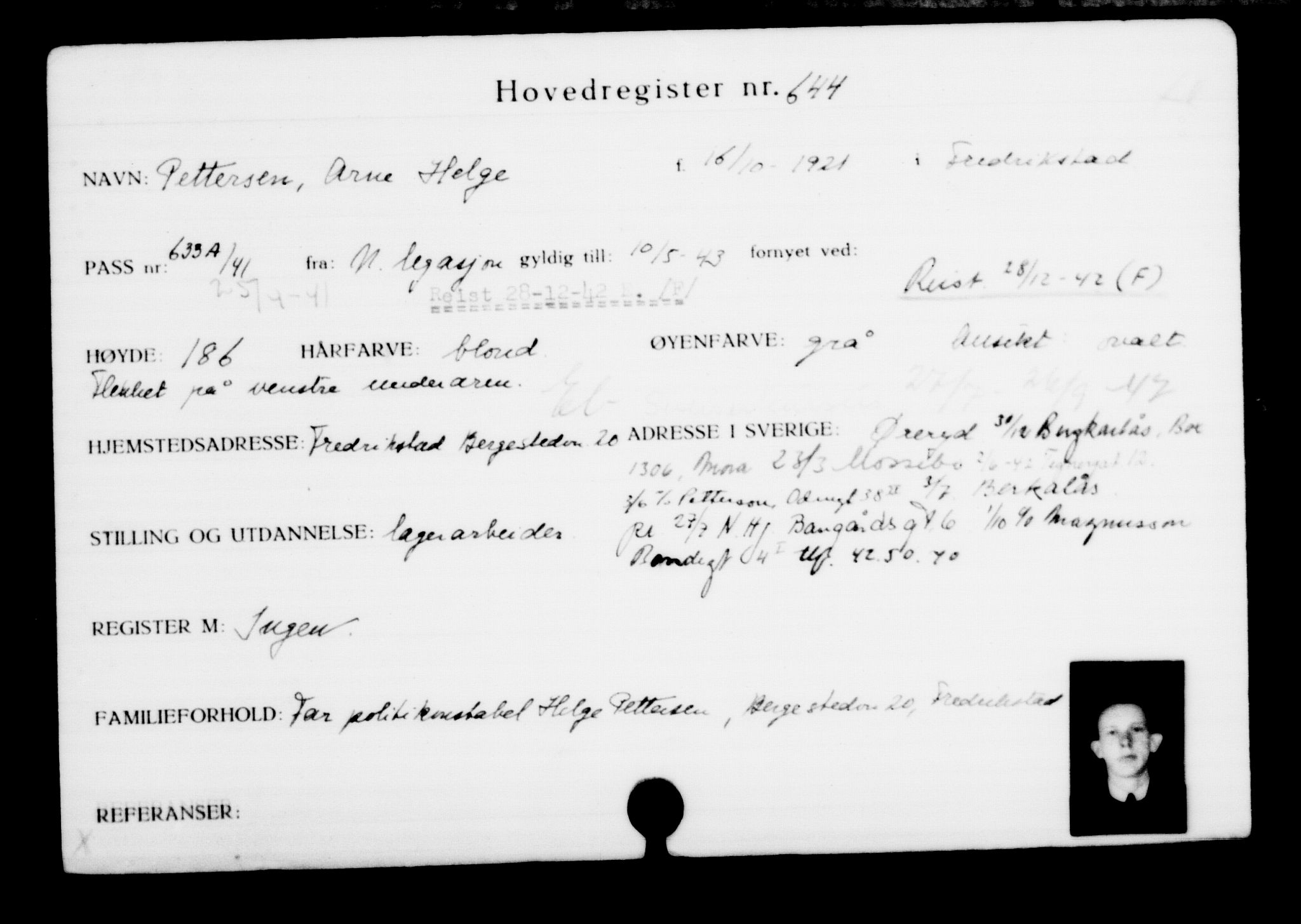 Utenriksstasjonene, Legasjonen i Stockholm, Flyktningkontoret, AV/RA-S-6753/V/Va/L0001: Kjesäterkartoteket, flyktninger med registreringsnr. 1-1000, 1940-1945, s. 1004