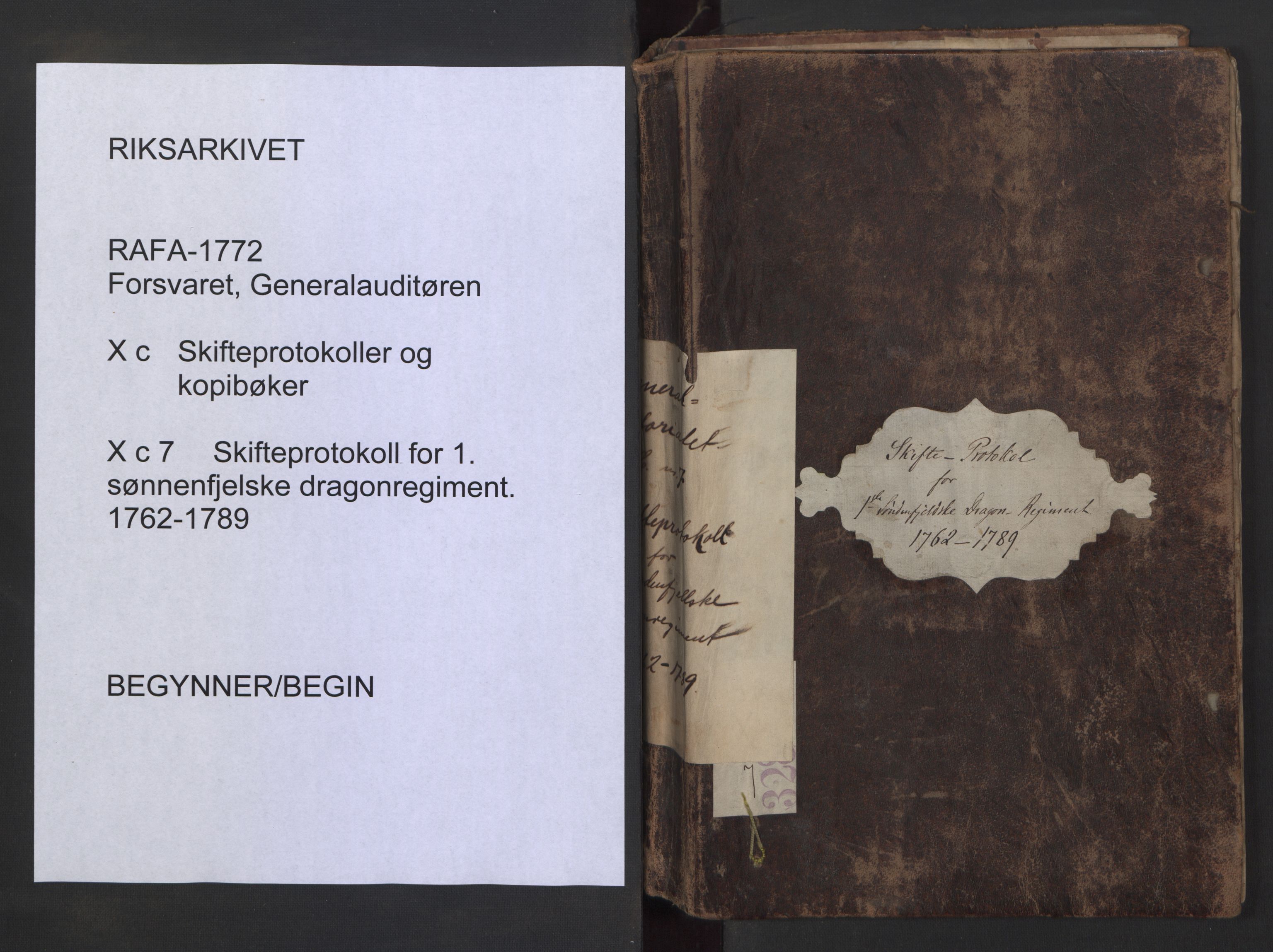 Forsvaret, Generalauditøren, RA/RAFA-1772/F/Fj/Fjc/L0007: Skifteprotokol for 1ste søndenfjeldske dragonregiment, 1762-1789