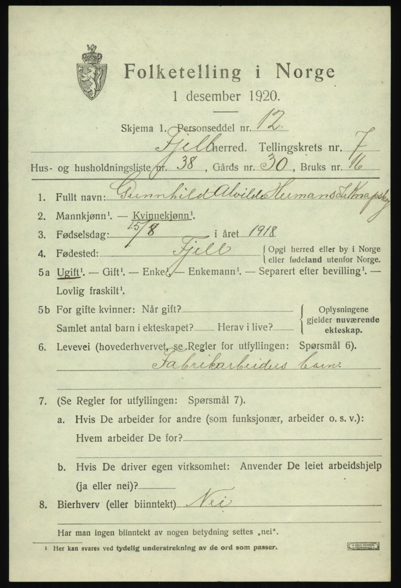 SAB, Folketelling 1920 for 1246 Fjell herred, 1920, s. 6938
