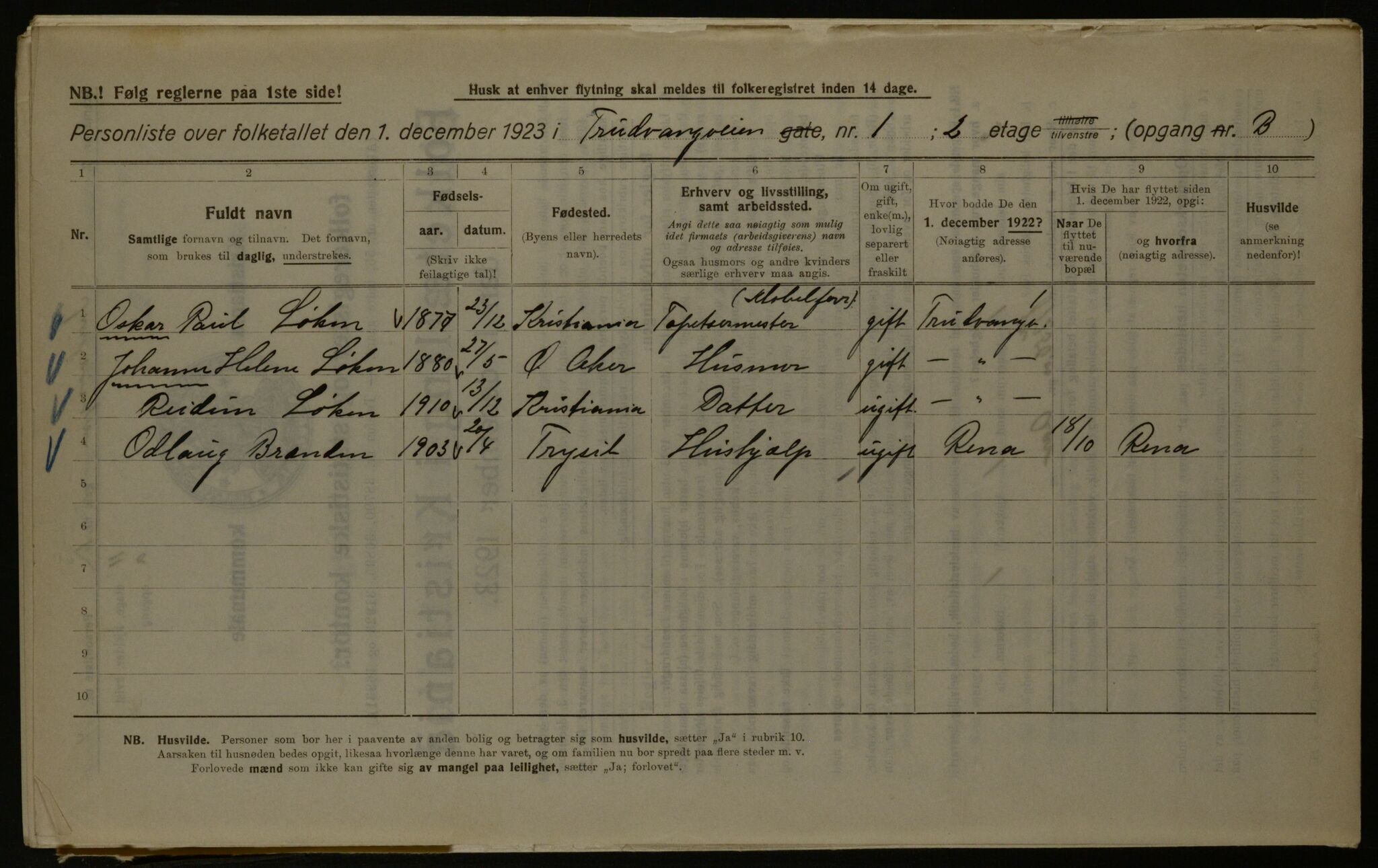 OBA, Kommunal folketelling 1.12.1923 for Kristiania, 1923, s. 129127