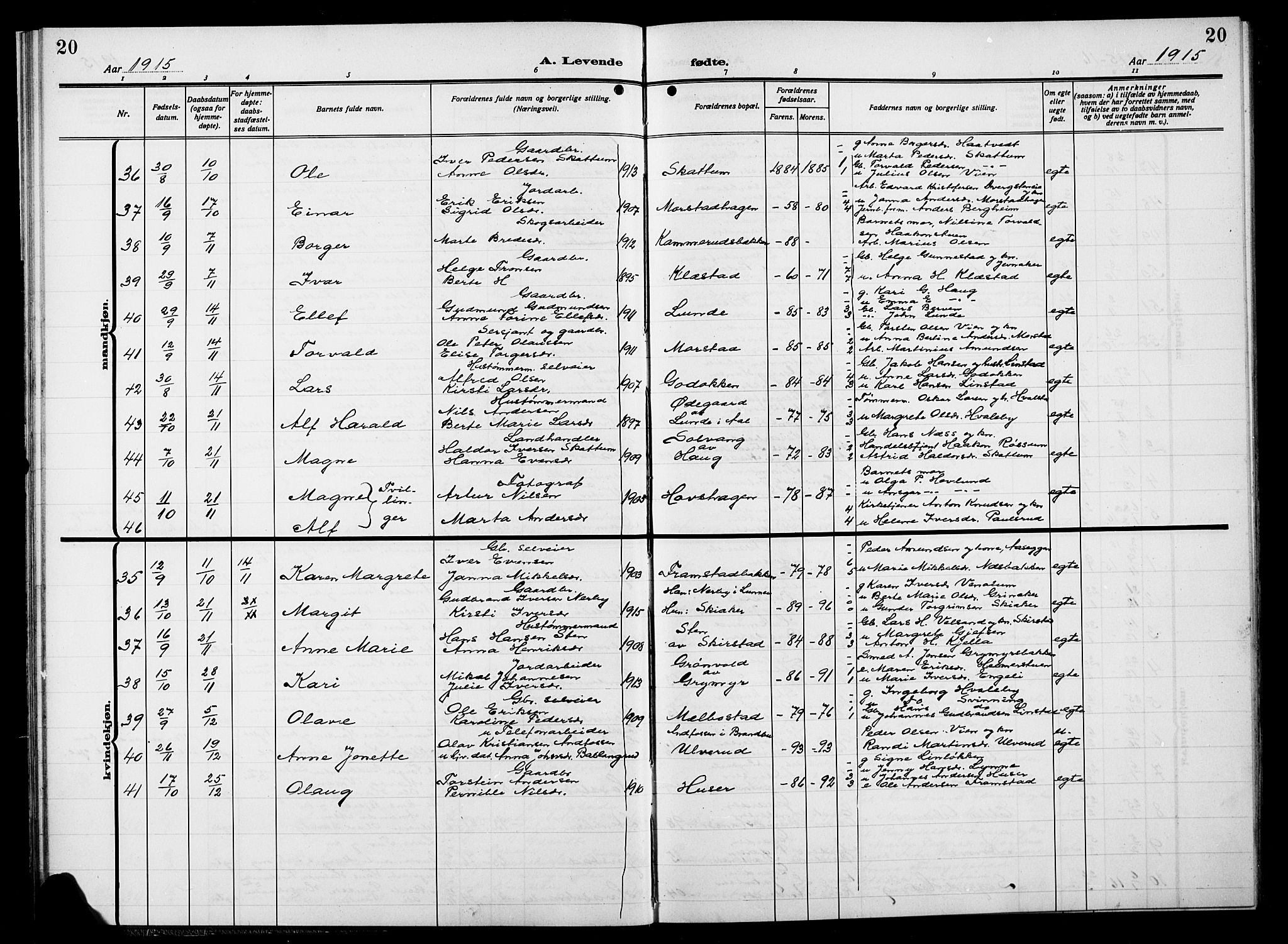 Gran prestekontor, AV/SAH-PREST-112/H/Ha/Hab/L0007: Klokkerbok nr. 7, 1912-1917, s. 20