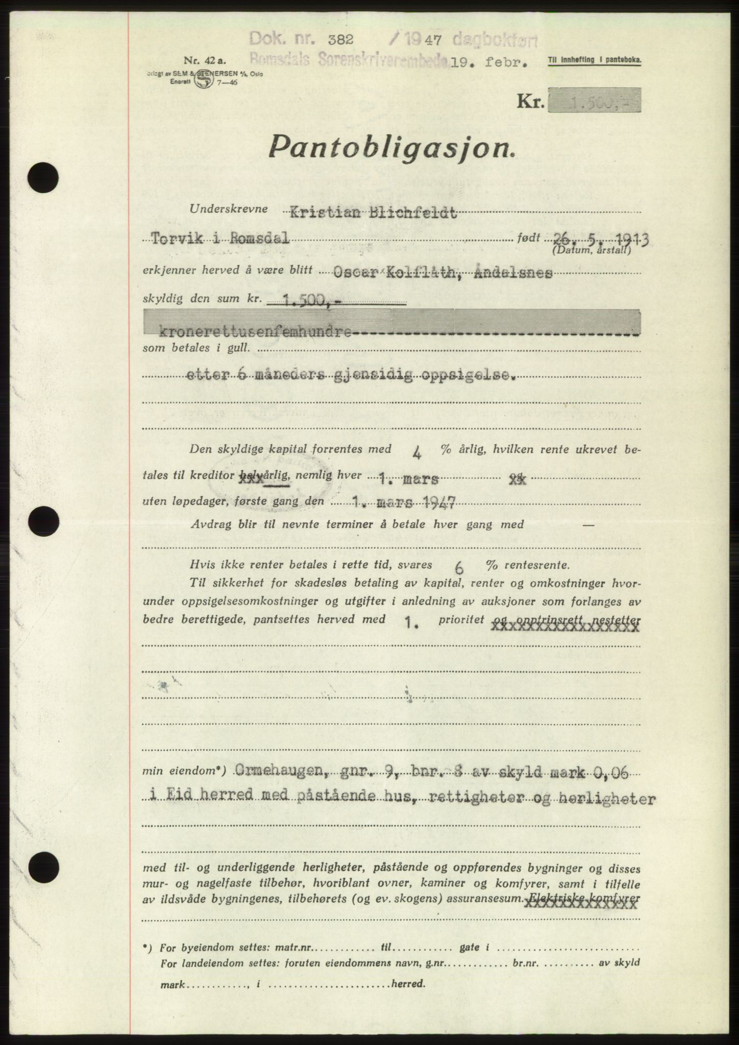 Romsdal sorenskriveri, SAT/A-4149/1/2/2C: Pantebok nr. B3, 1946-1948, Dagboknr: 382/1947