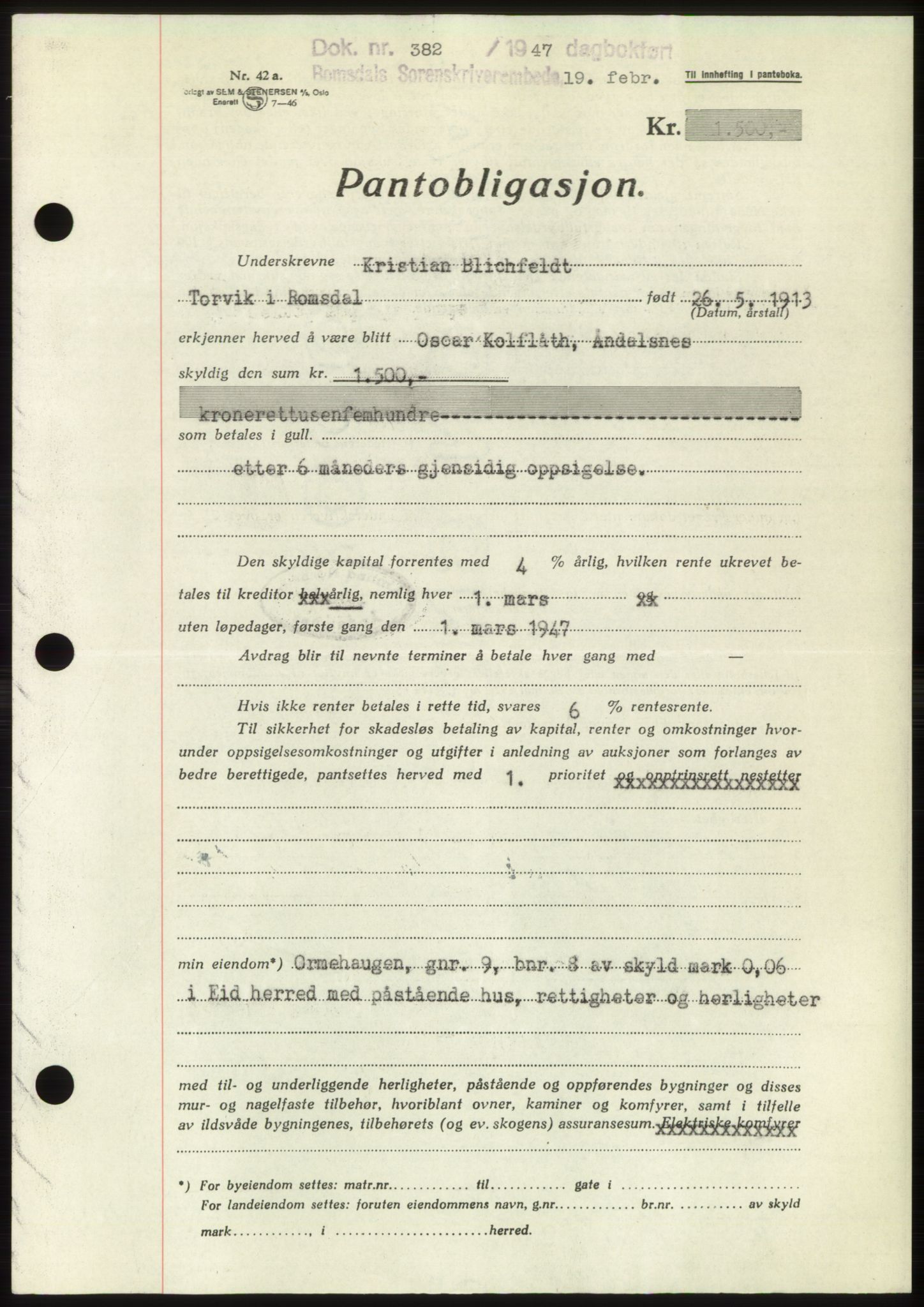 Romsdal sorenskriveri, AV/SAT-A-4149/1/2/2C: Pantebok nr. B3, 1946-1948, Dagboknr: 382/1947