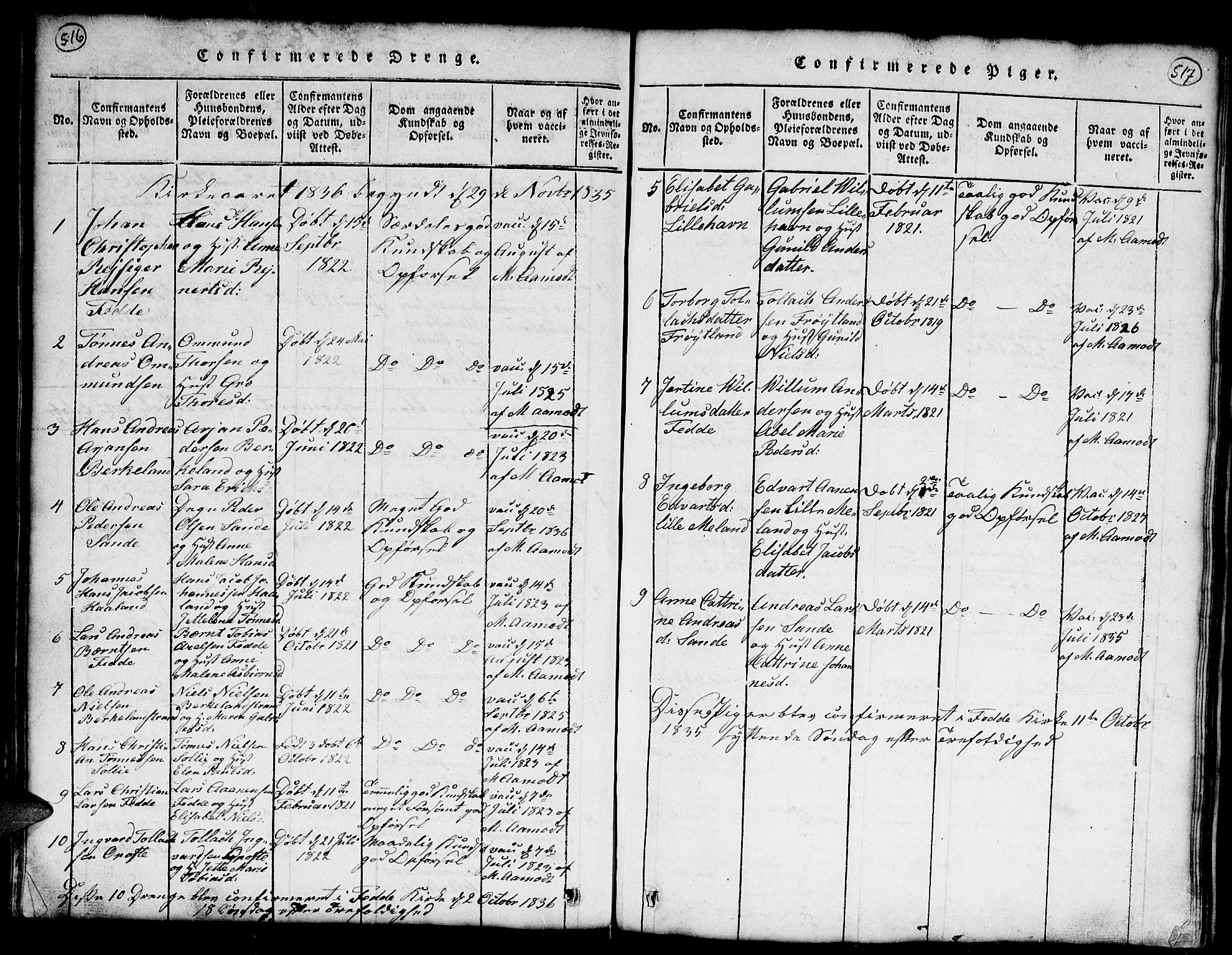 Kvinesdal sokneprestkontor, SAK/1111-0026/F/Fb/Fba/L0001: Klokkerbok nr. B 1, 1815-1839, s. 516-517