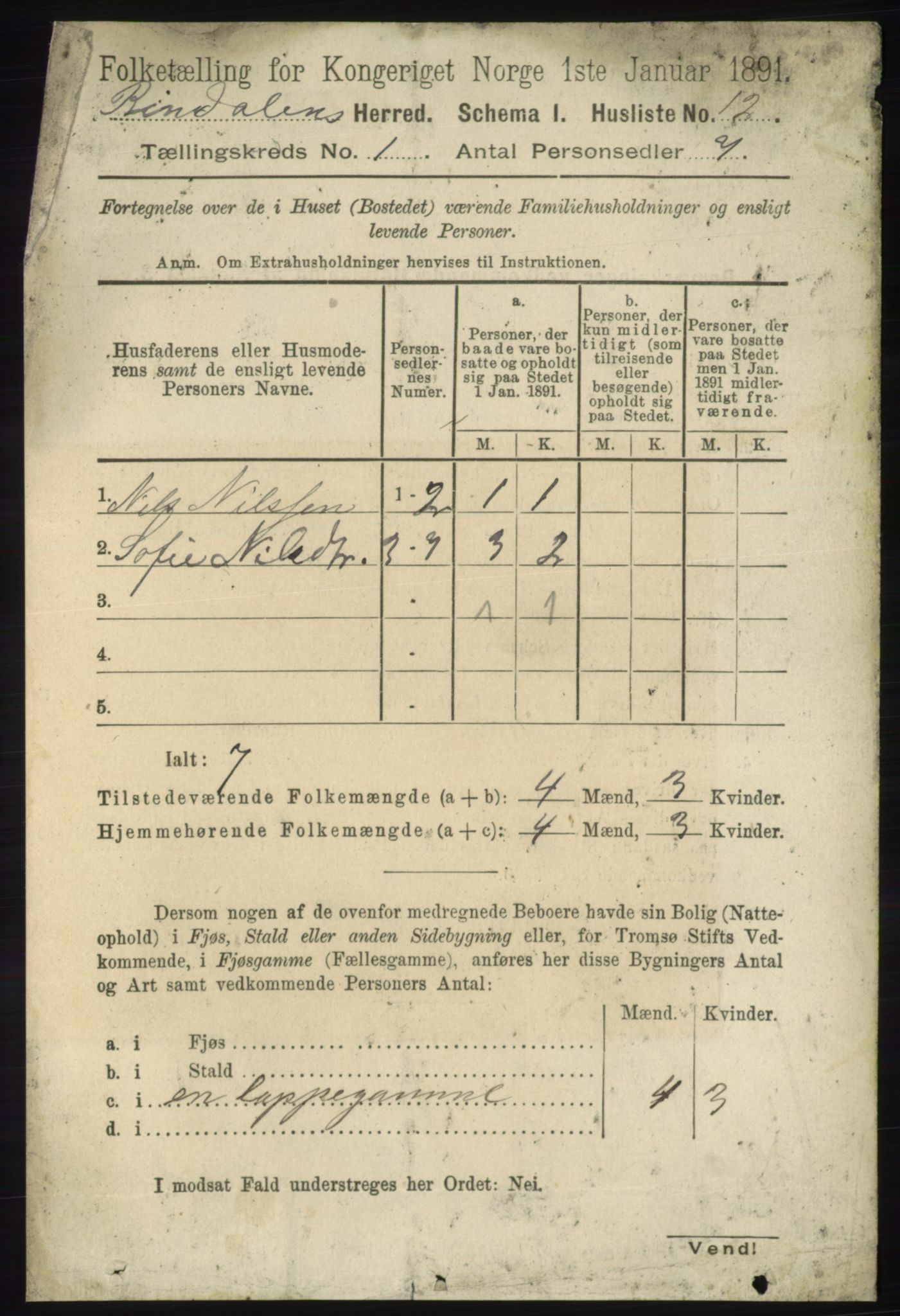 RA, Folketelling 1891 for 1811 Bindal herred, 1891, s. 38