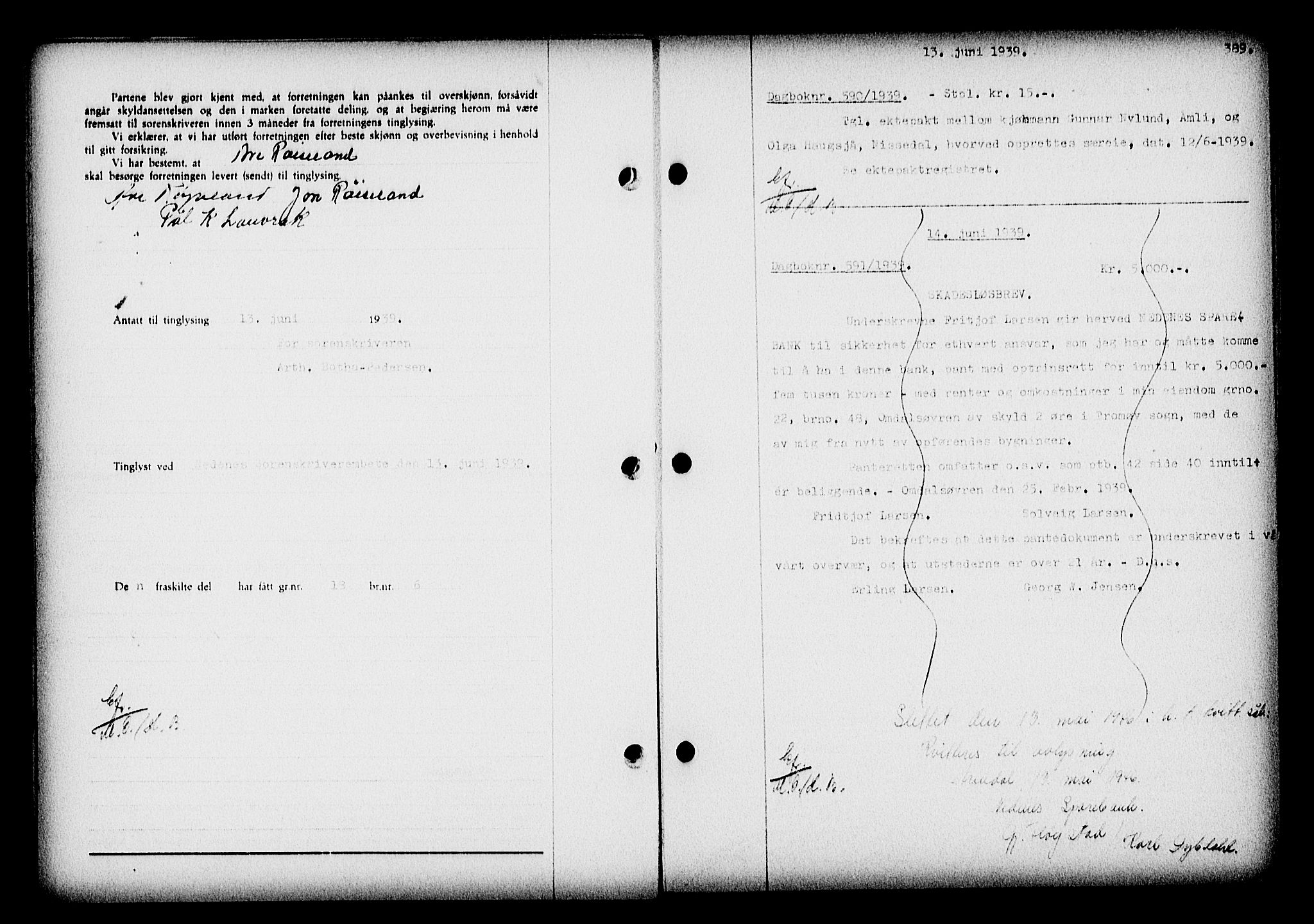 Nedenes sorenskriveri, AV/SAK-1221-0006/G/Gb/Gba/L0046: Pantebok nr. 42, 1938-1939, Dagboknr: 590/1939