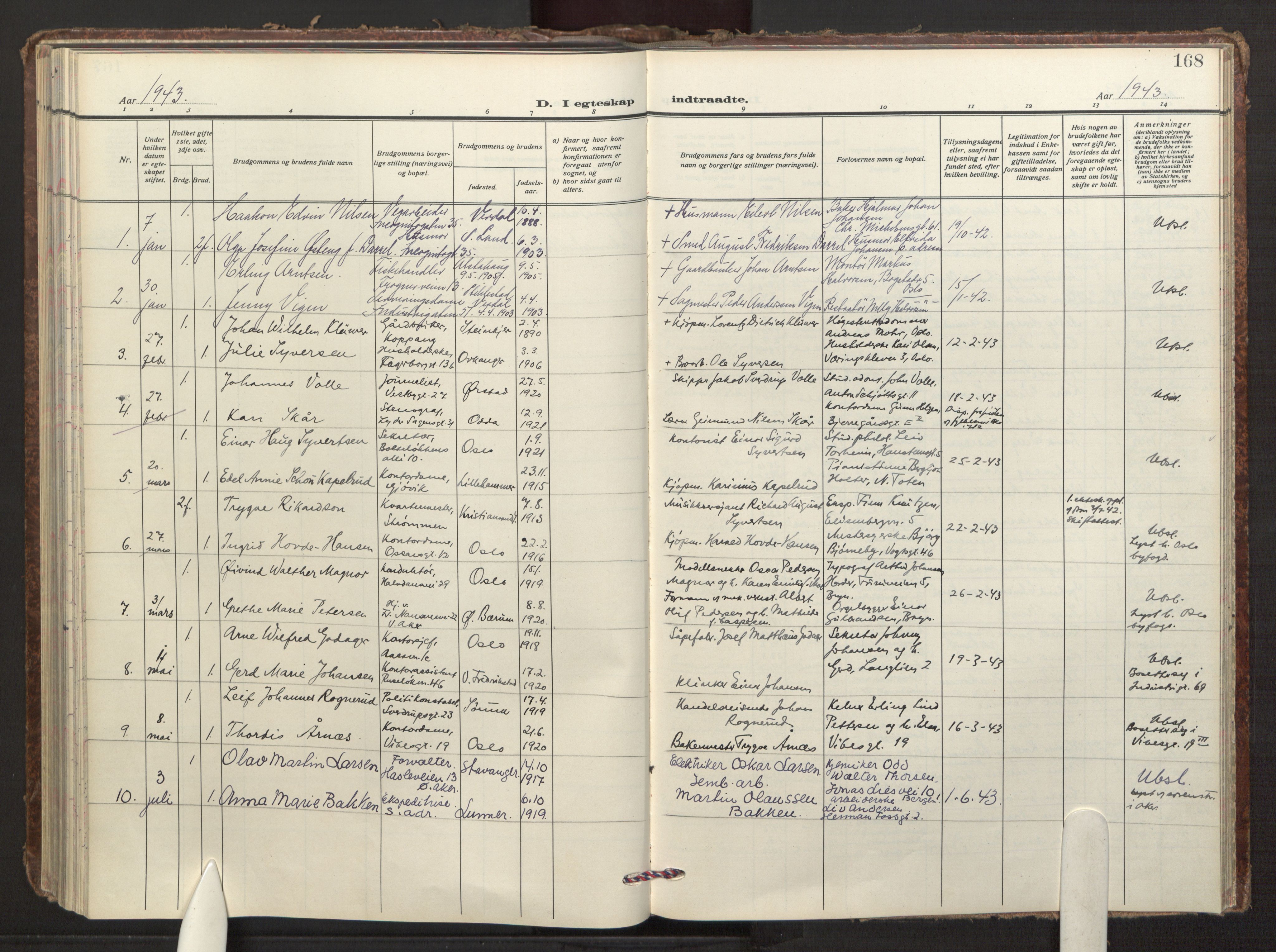 Fagerborg prestekontor Kirkebøker, AV/SAO-A-10844/F/Fa/L0009: Ministerialbok nr. 9, 1934-1945, s. 168