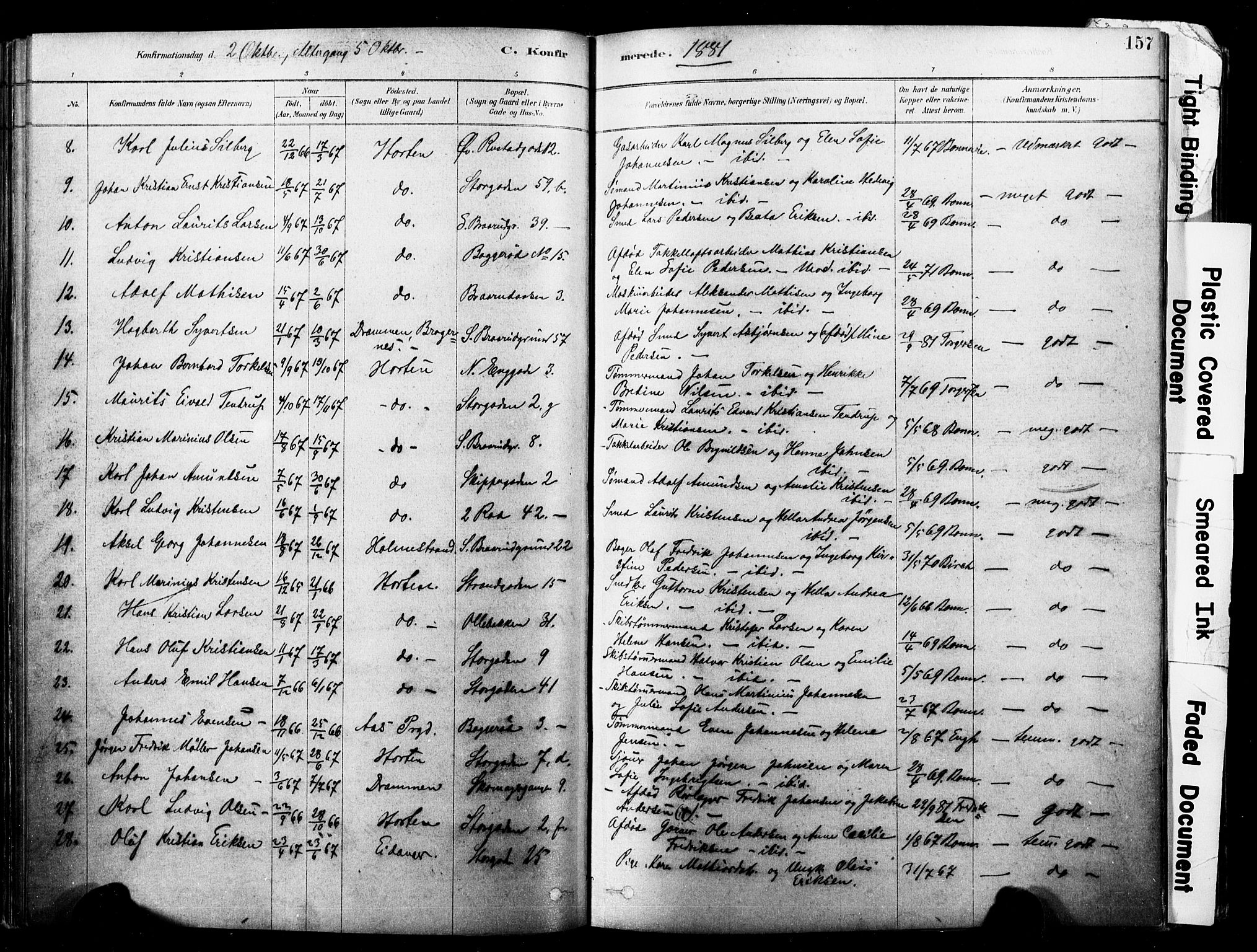 Horten kirkebøker, AV/SAKO-A-348/F/Fa/L0003: Ministerialbok nr. 3, 1878-1887, s. 157