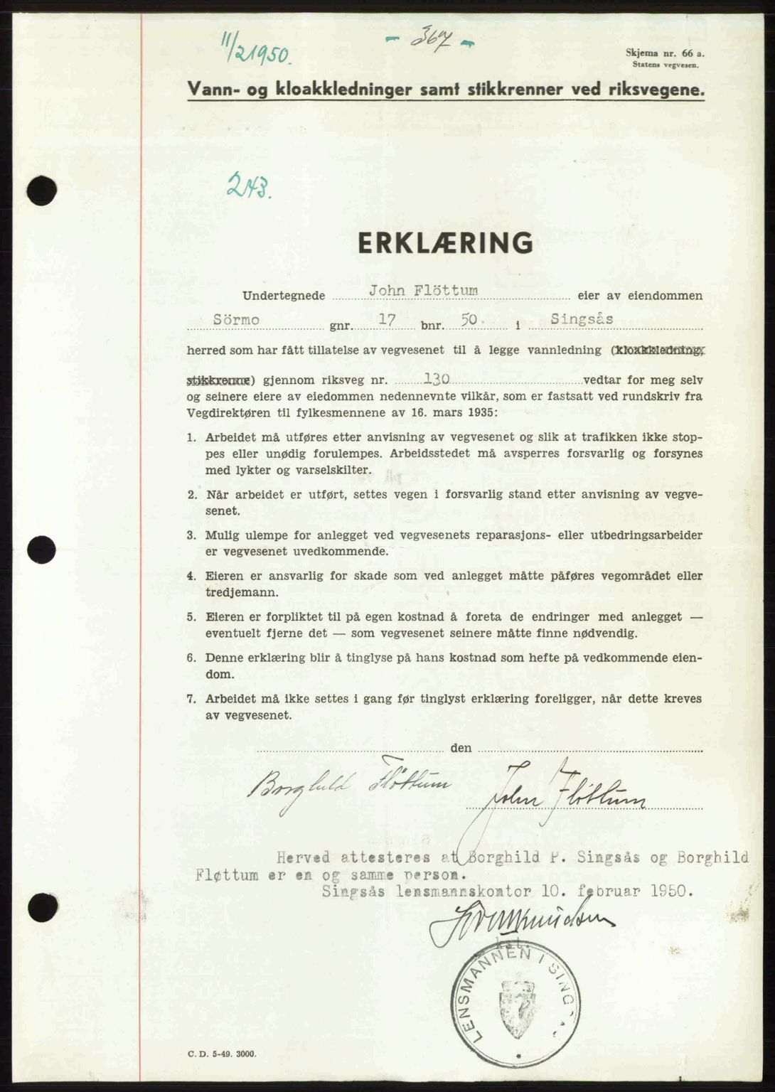 Gauldal sorenskriveri, SAT/A-0014/1/2/2C: Pantebok nr. A9, 1949-1950, Dagboknr: 243/1950