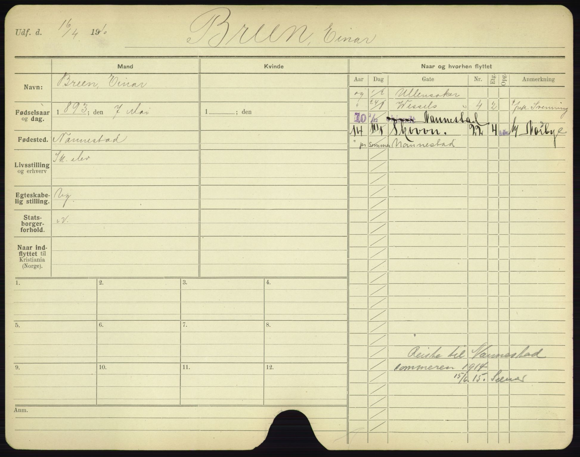 Oslo folkeregister, Registerkort, AV/SAO-A-11715/F/Fa/Fac/L0002: Menn, 1906-1914, s. 250a