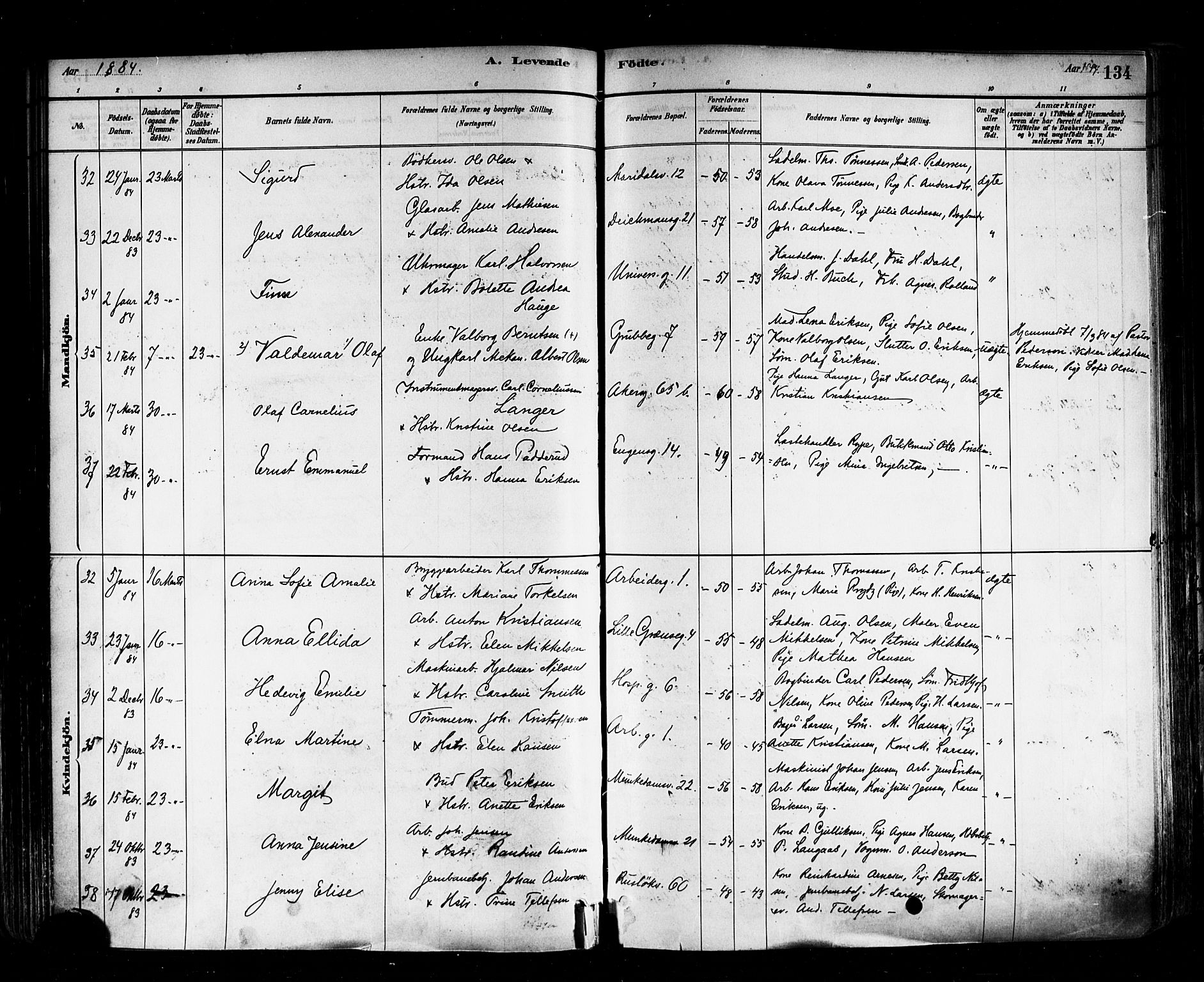 Trefoldighet prestekontor Kirkebøker, AV/SAO-A-10882/F/Fa/L0005: Ministerialbok nr. I 5, 1881-1891, s. 134