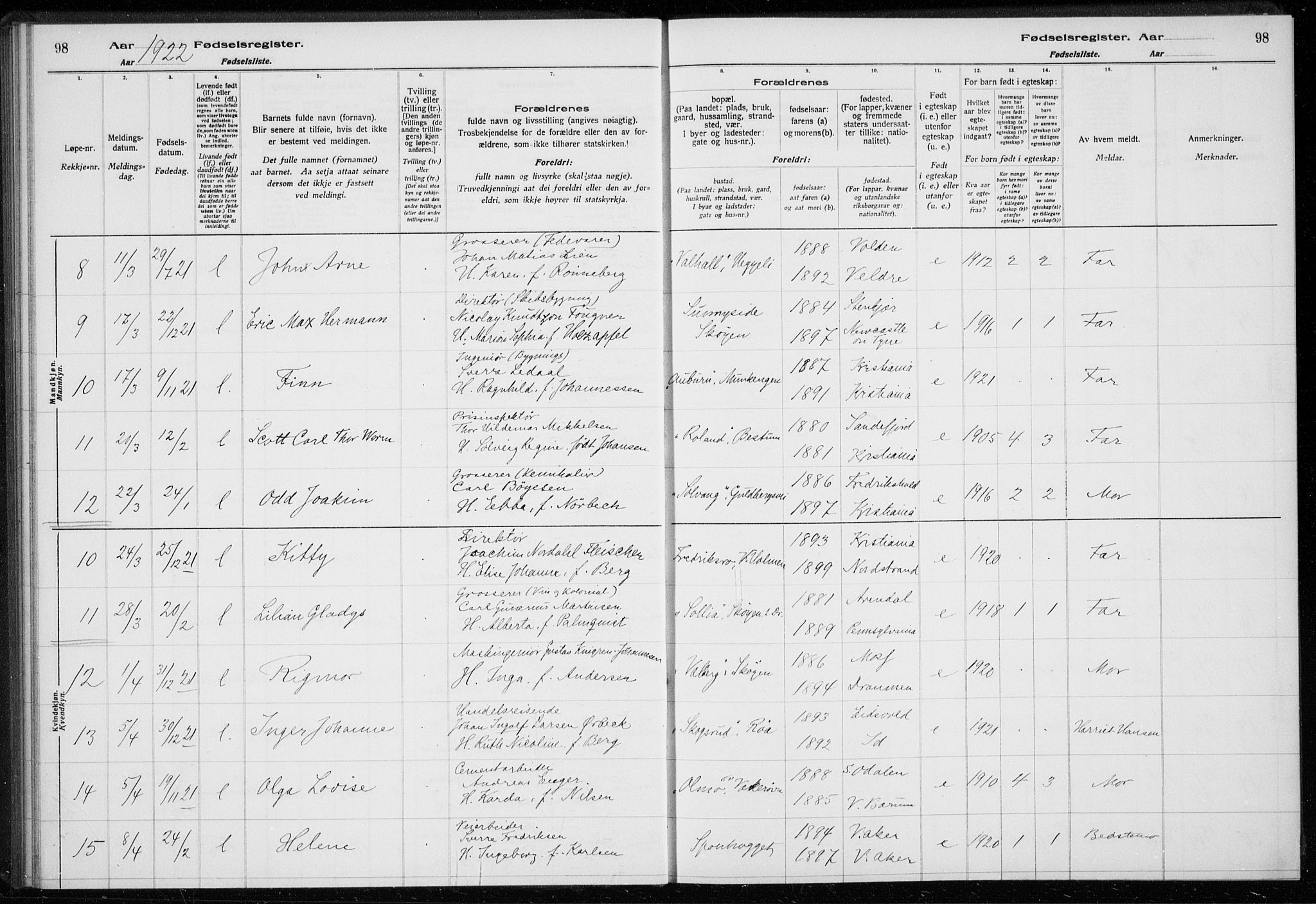 Ullern prestekontor Kirkebøker, AV/SAO-A-10740/J/L0001: Fødselsregister nr. 1, 1916-1928, s. 98