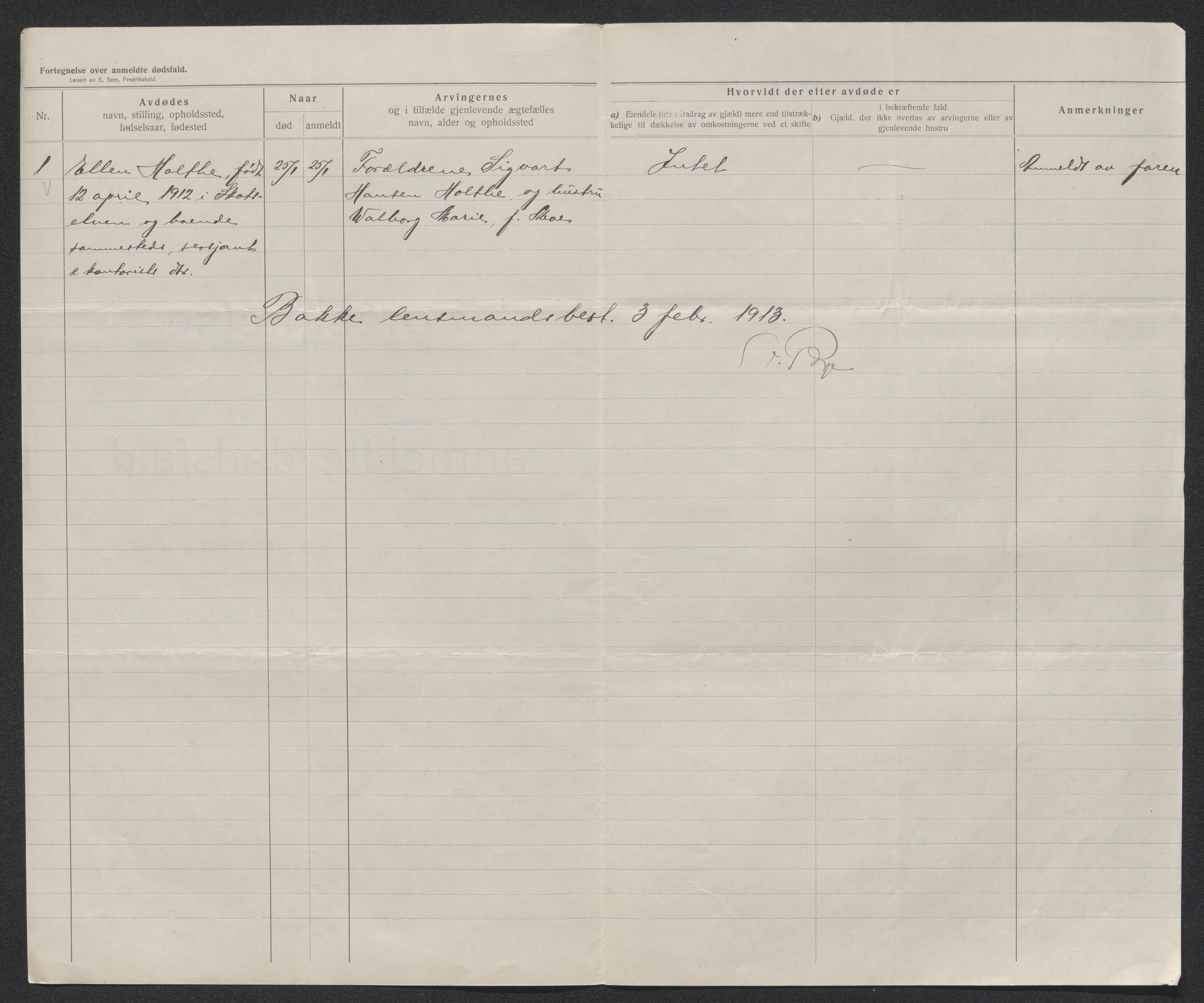 Eiker, Modum og Sigdal sorenskriveri, SAKO/A-123/H/Ha/Hab/L0036: Dødsfallsmeldinger, 1913, s. 445