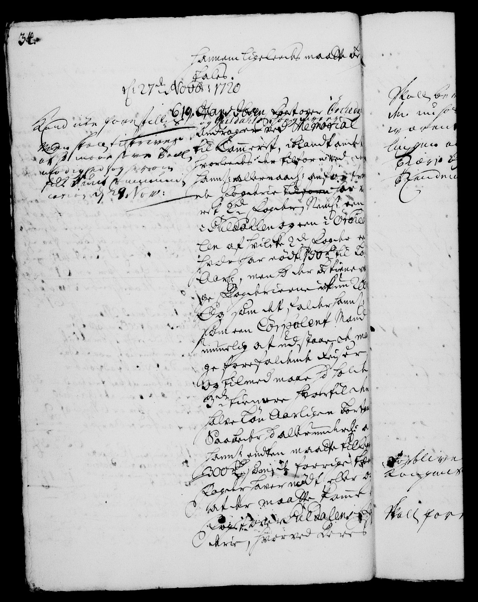 Rentekammeret, Kammerkanselliet, RA/EA-3111/G/Gh/Gha/L0003: Norsk ekstraktmemorialprotokoll, sak. 600-765 (merket RK 53.48), 1720-1721, s. 34