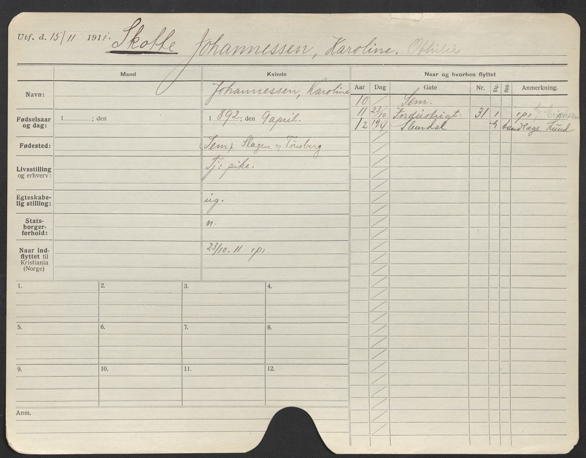 Oslo folkeregister, Registerkort, AV/SAO-A-11715/F/Fa/Fac/L0023: Kvinner, 1906-1914, s. 1099a