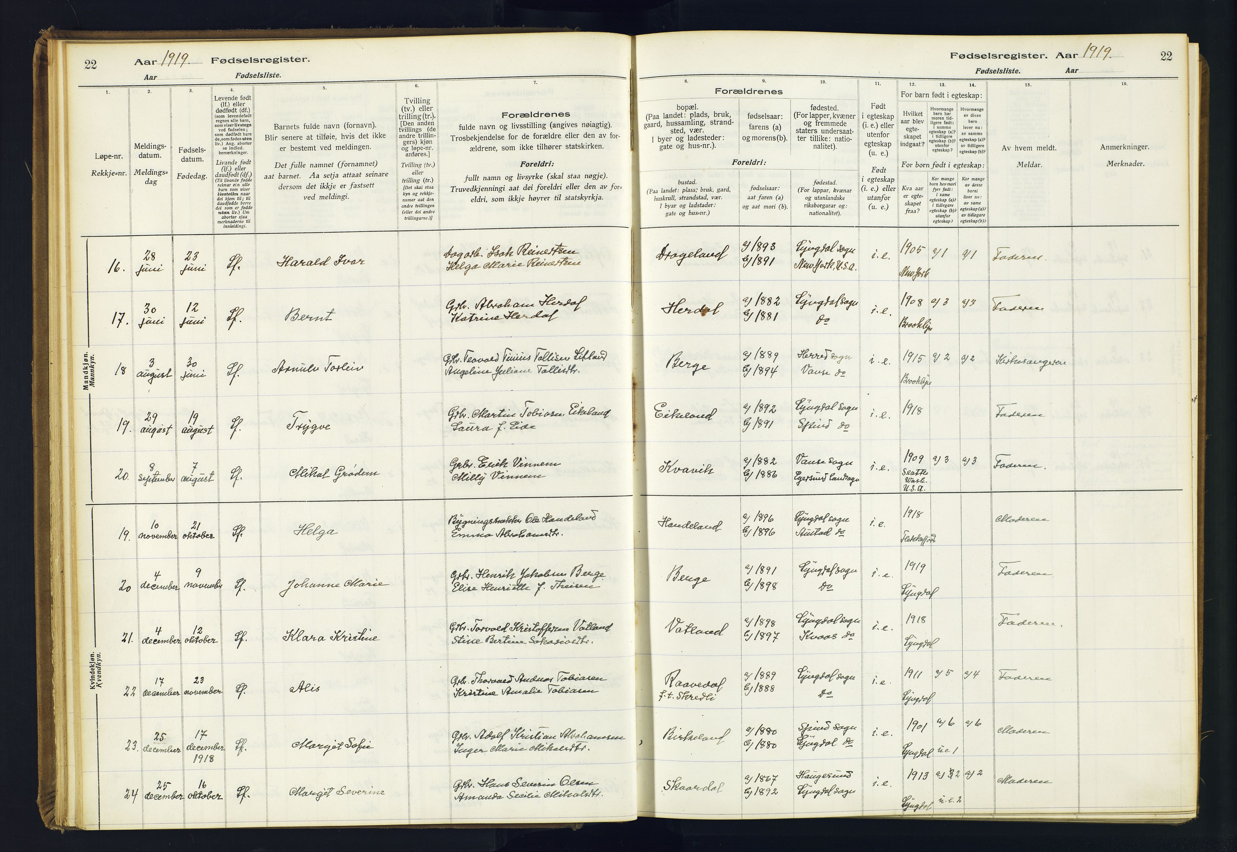 Lyngdal sokneprestkontor, AV/SAK-1111-0029/J/Ja/L0001: Fødselsregister nr. A-VI-26, 1916-1951, s. 22