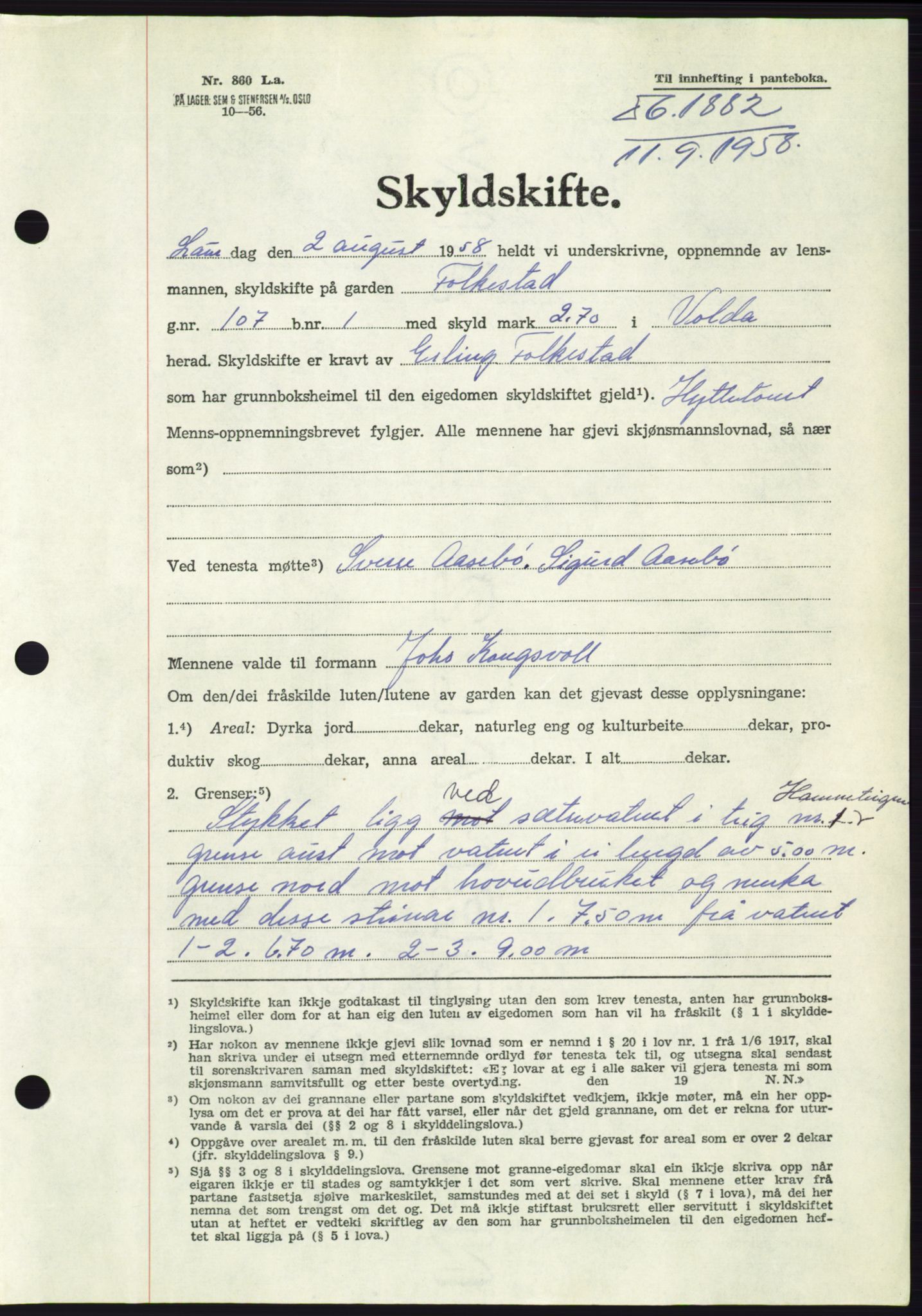 Søre Sunnmøre sorenskriveri, AV/SAT-A-4122/1/2/2C/L0110: Pantebok nr. 36A, 1958-1958, Dagboknr: 1882/1958