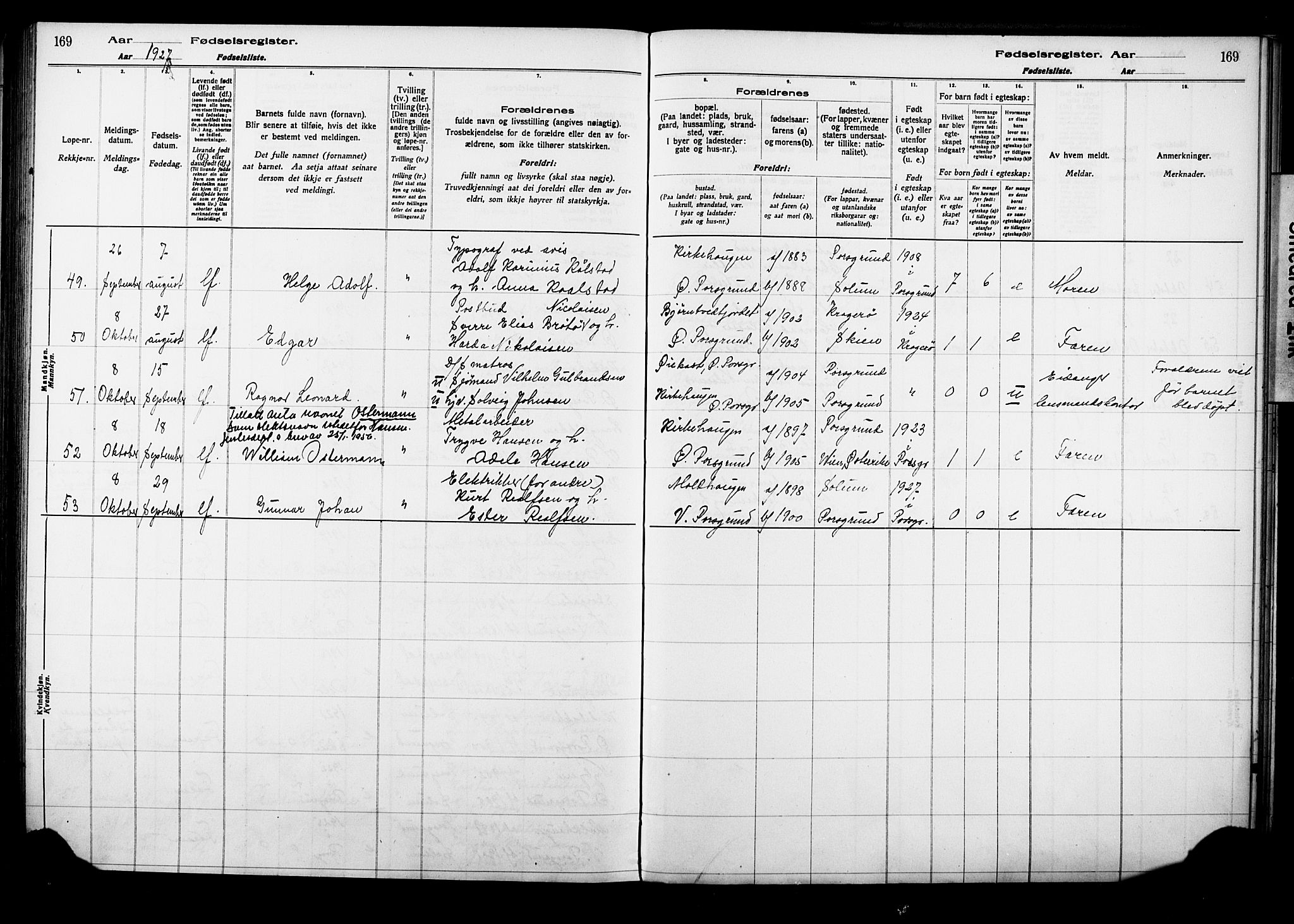 Porsgrunn kirkebøker , AV/SAKO-A-104/J/Ja/L0001: Fødselsregister nr. 1, 1916-1929, s. 169