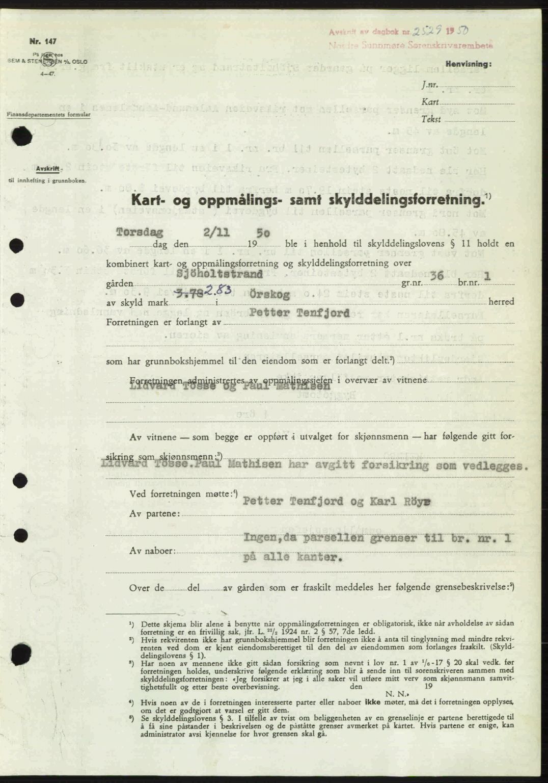 Nordre Sunnmøre sorenskriveri, SAT/A-0006/1/2/2C/2Ca: Pantebok nr. A36, 1950-1950, Dagboknr: 2529/1950