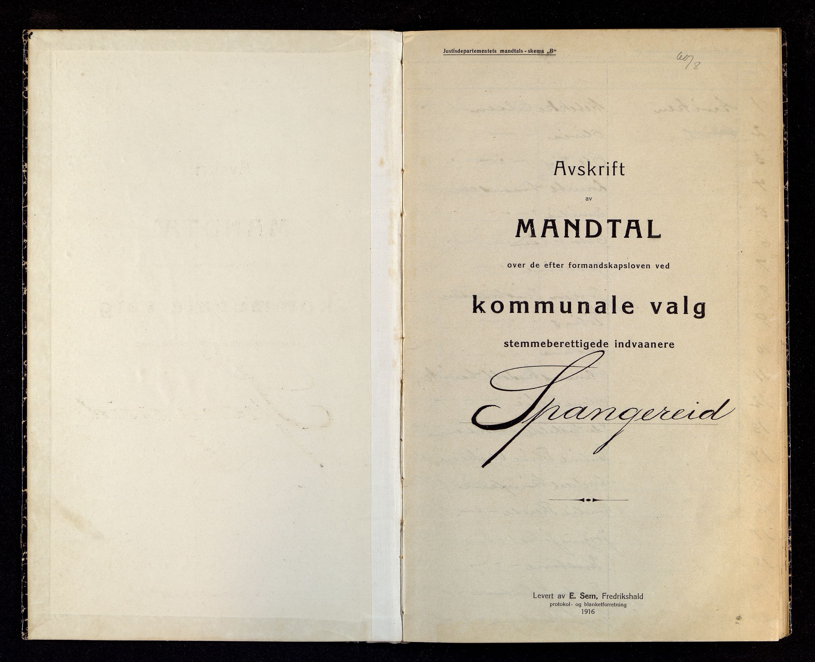 Spangereid kommune - Valgstyret, ARKSOR/1030SP110/F/L0001: Manntall, 1916